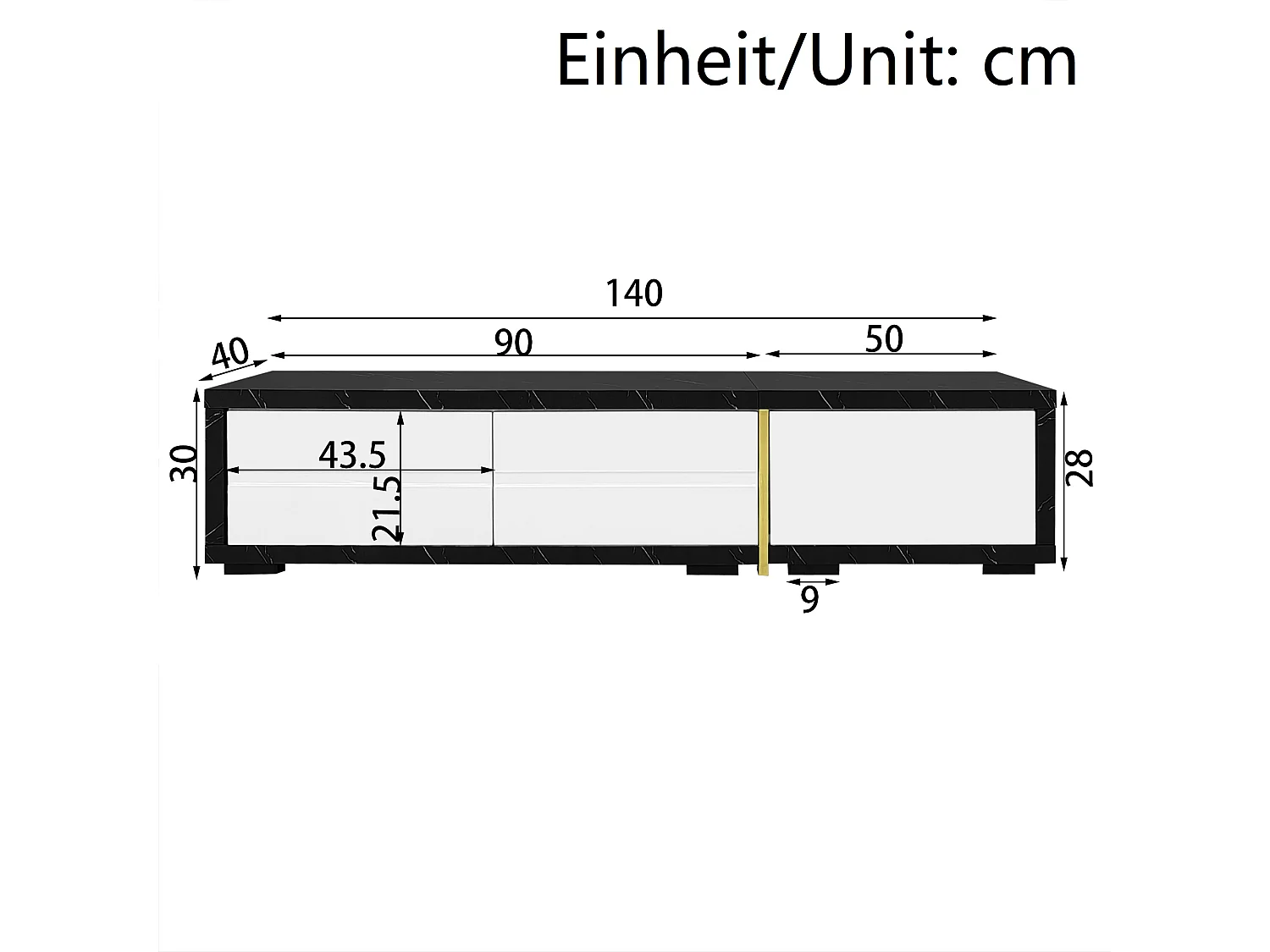 Meuble TV, longueur variable 140-260cm, rotatif, aspect marbre, décorations dorées