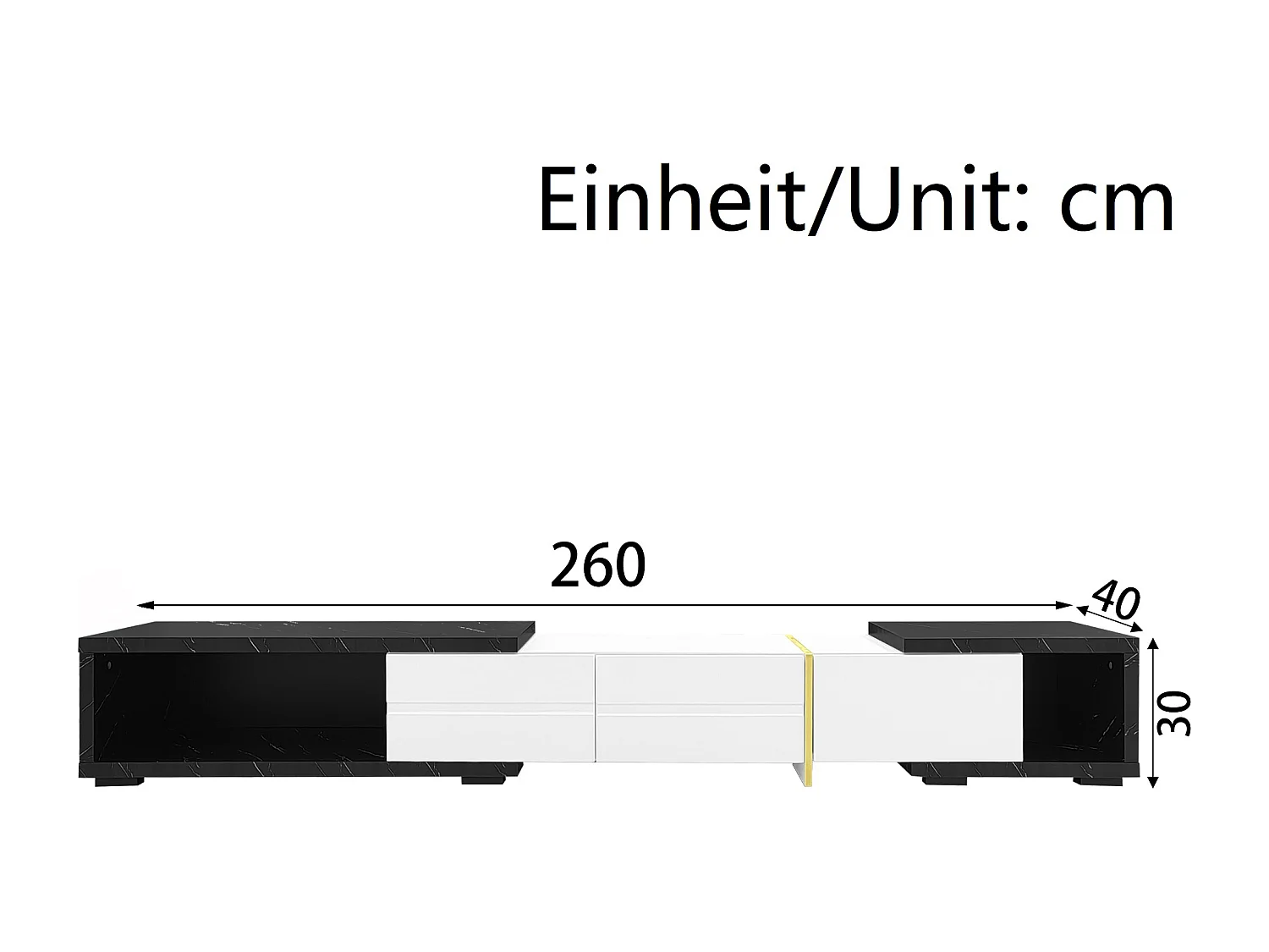 Meuble TV, longueur variable 140-260cm, rotatif, aspect marbre, décorations dorées