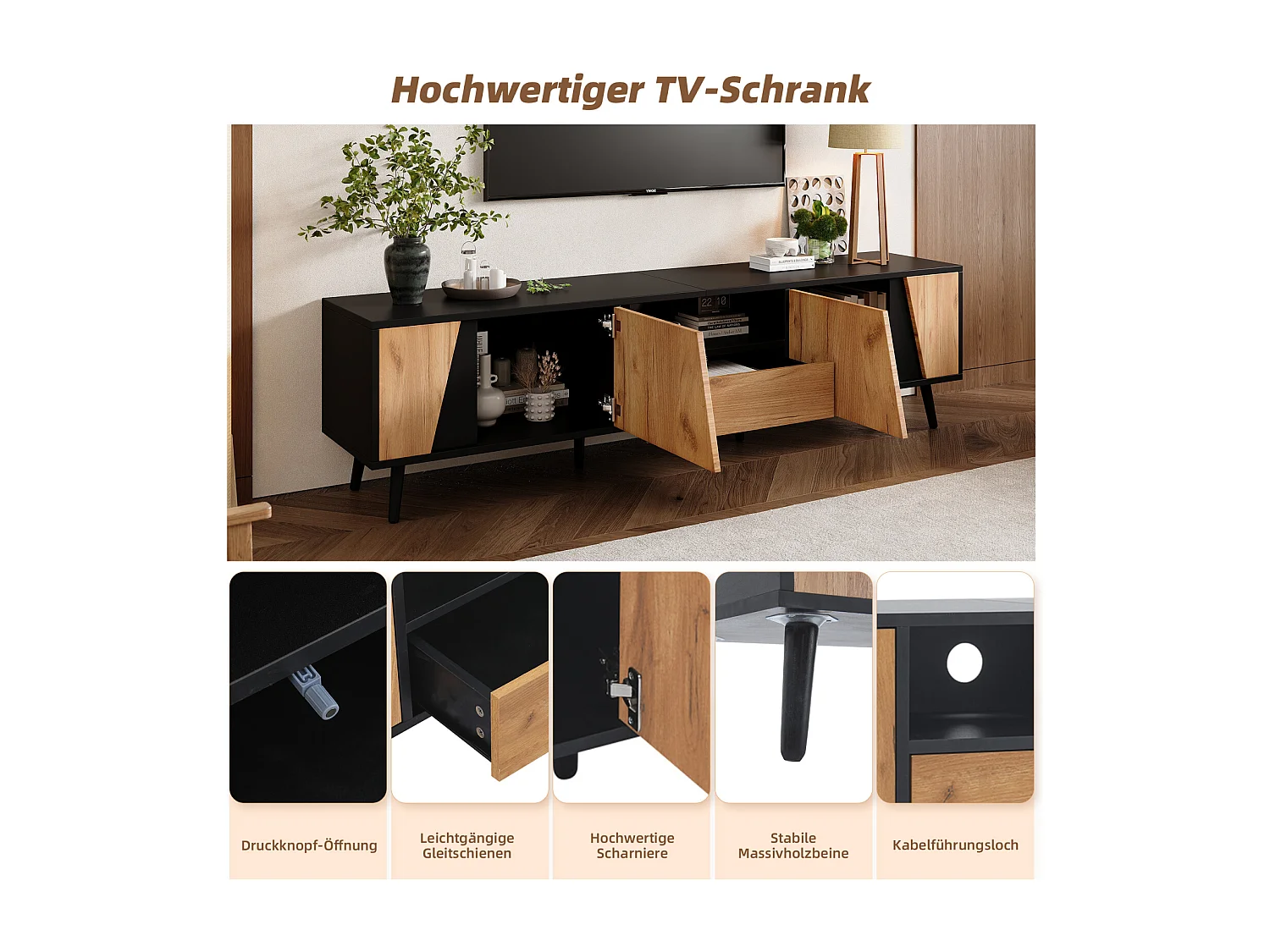 Meuble TV 180x40x46cm, avec tiroirs et caissons, pieds en bois massif, minimaliste