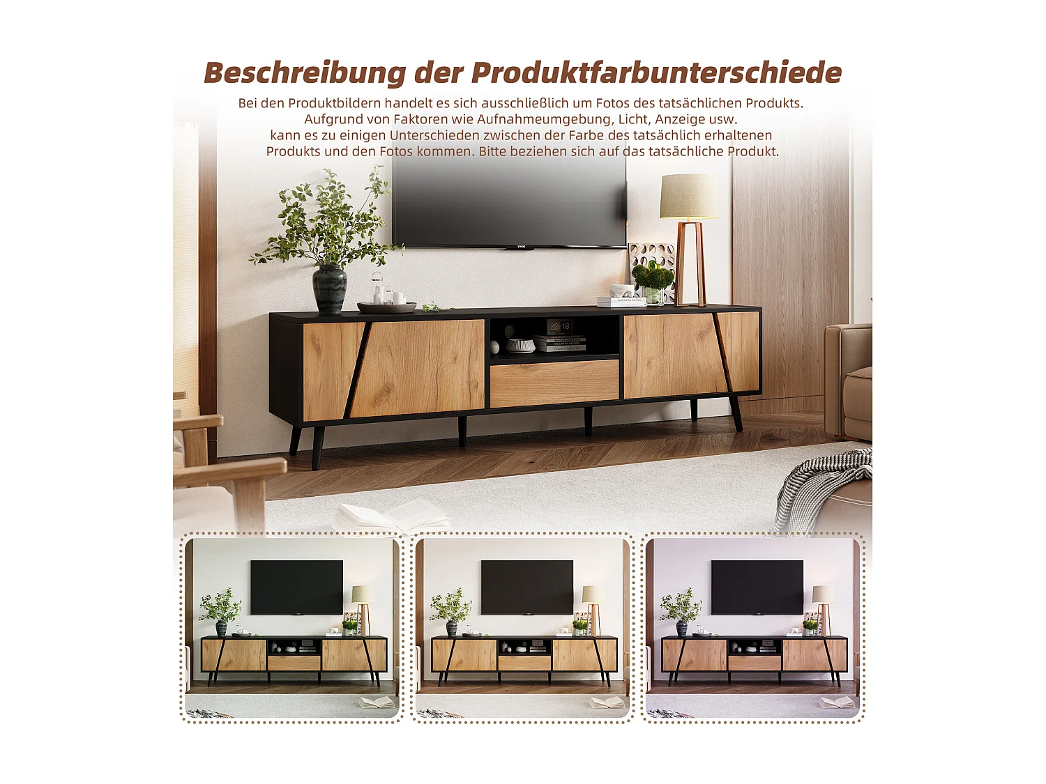 Meuble TV 180x40x46cm, avec tiroirs et caissons, pieds en bois massif, minimaliste