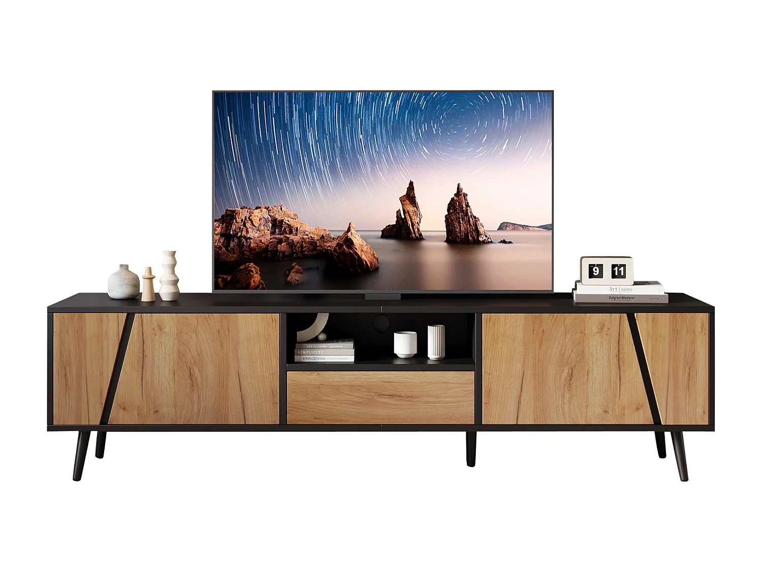 Meuble TV 180x40x46cm, avec tiroirs et caissons, pieds en bois massif, minimaliste