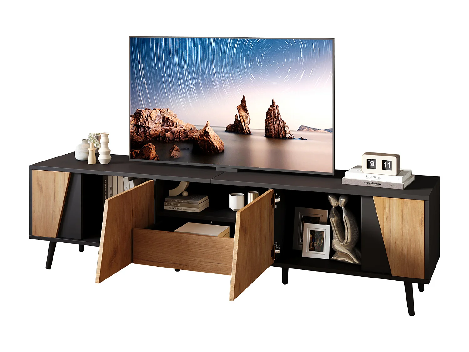 Meuble TV 180x40x46cm, avec tiroirs et caissons, pieds en bois massif, minimaliste