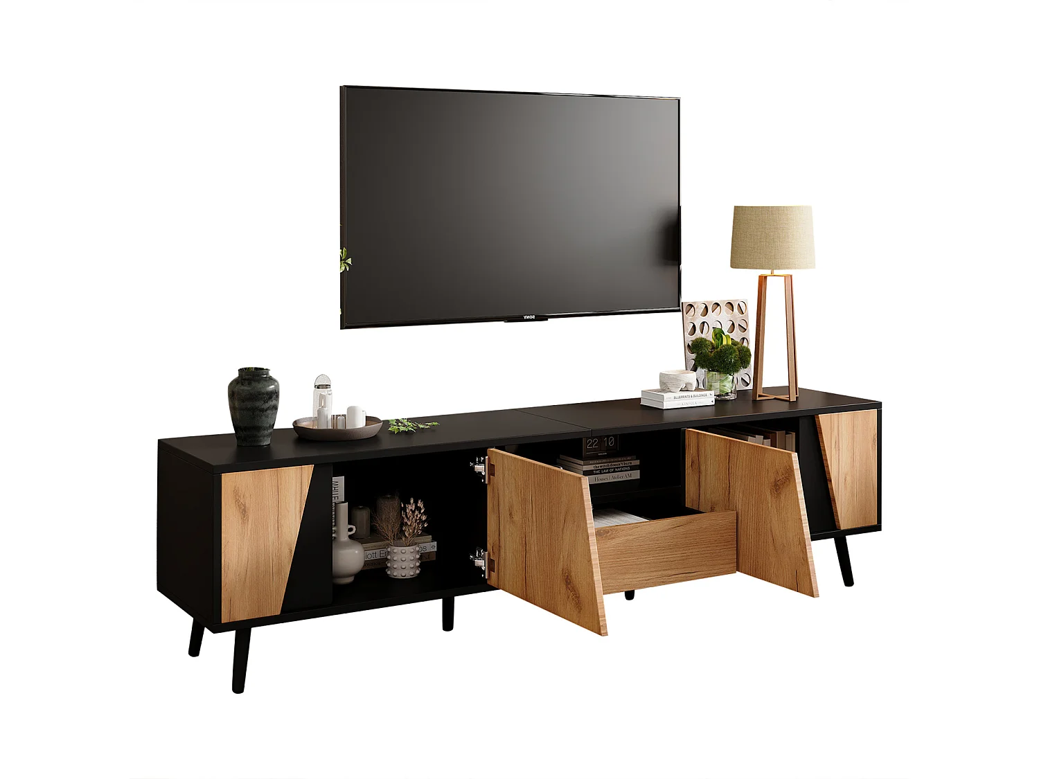 Meuble TV 180x40x46cm, avec tiroirs et caissons, pieds en bois massif, minimaliste