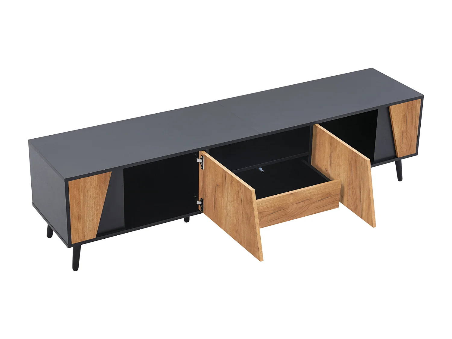 Meuble TV 180x40x46cm, avec tiroirs et caissons, pieds en bois massif, minimaliste
