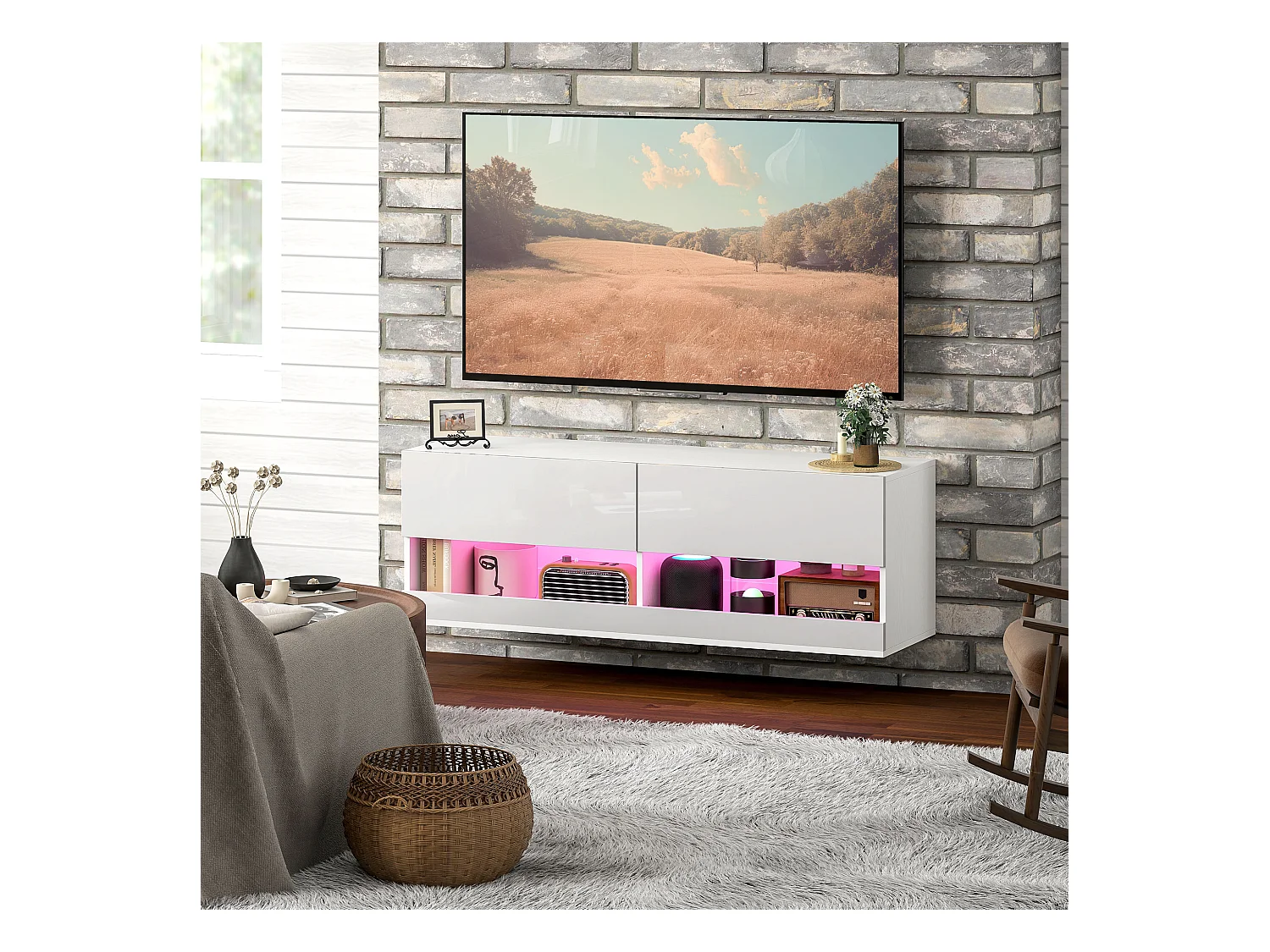 Meuble TV mural 120x35x40,5cm, éclairage LED, 16 modes, blanc brillant