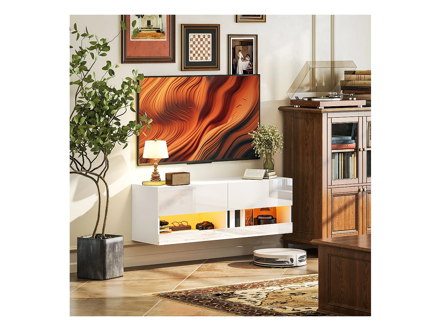 Meuble TV mural 120x35x40,5cm, éclairage LED, 16 modes, blanc brillant