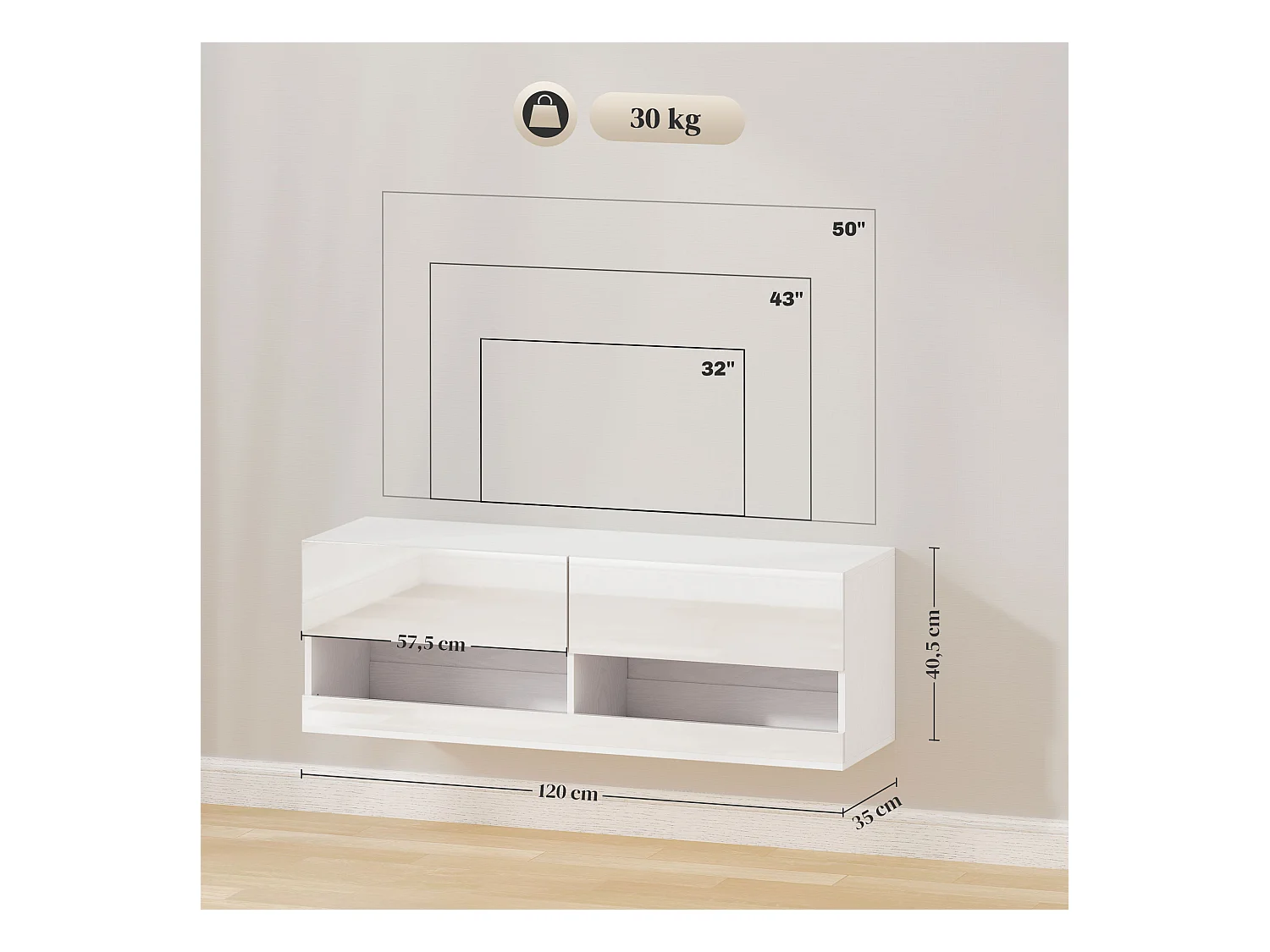 Meuble TV mural 120x35x40,5cm, éclairage LED, 16 modes, blanc brillant