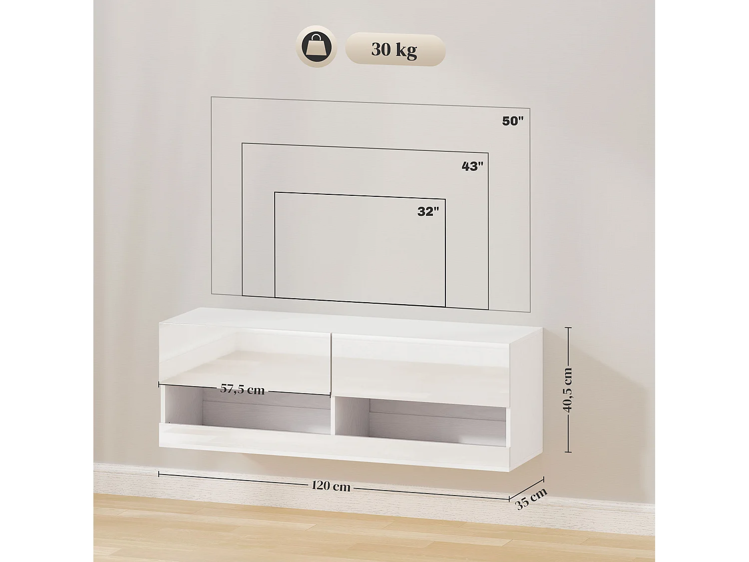 Meuble TV mural 120x35x40,5cm, éclairage LED, 16 modes, blanc brillant