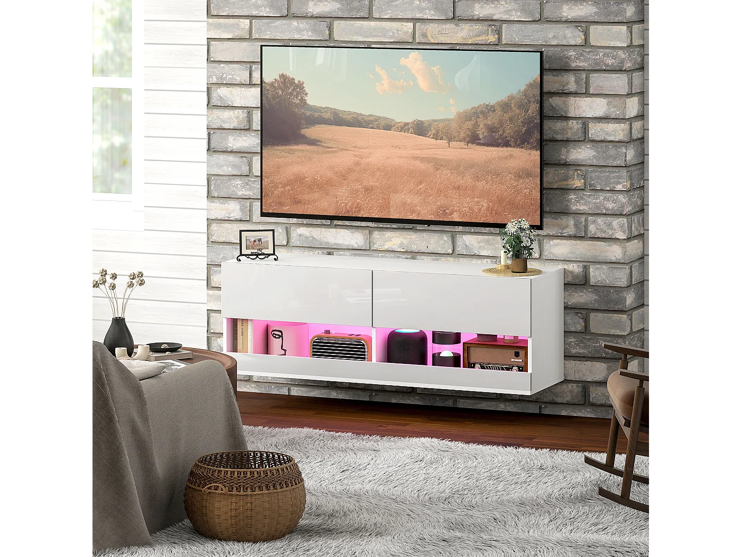 Meuble TV mural 120x35x40,5cm, éclairage LED, 16 modes, blanc brillant