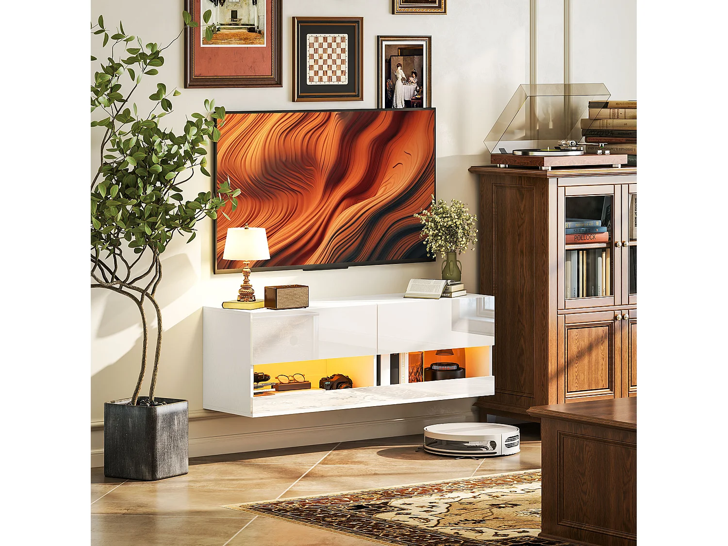 Meuble TV mural 120x35x40,5cm, éclairage LED, 16 modes, blanc brillant
