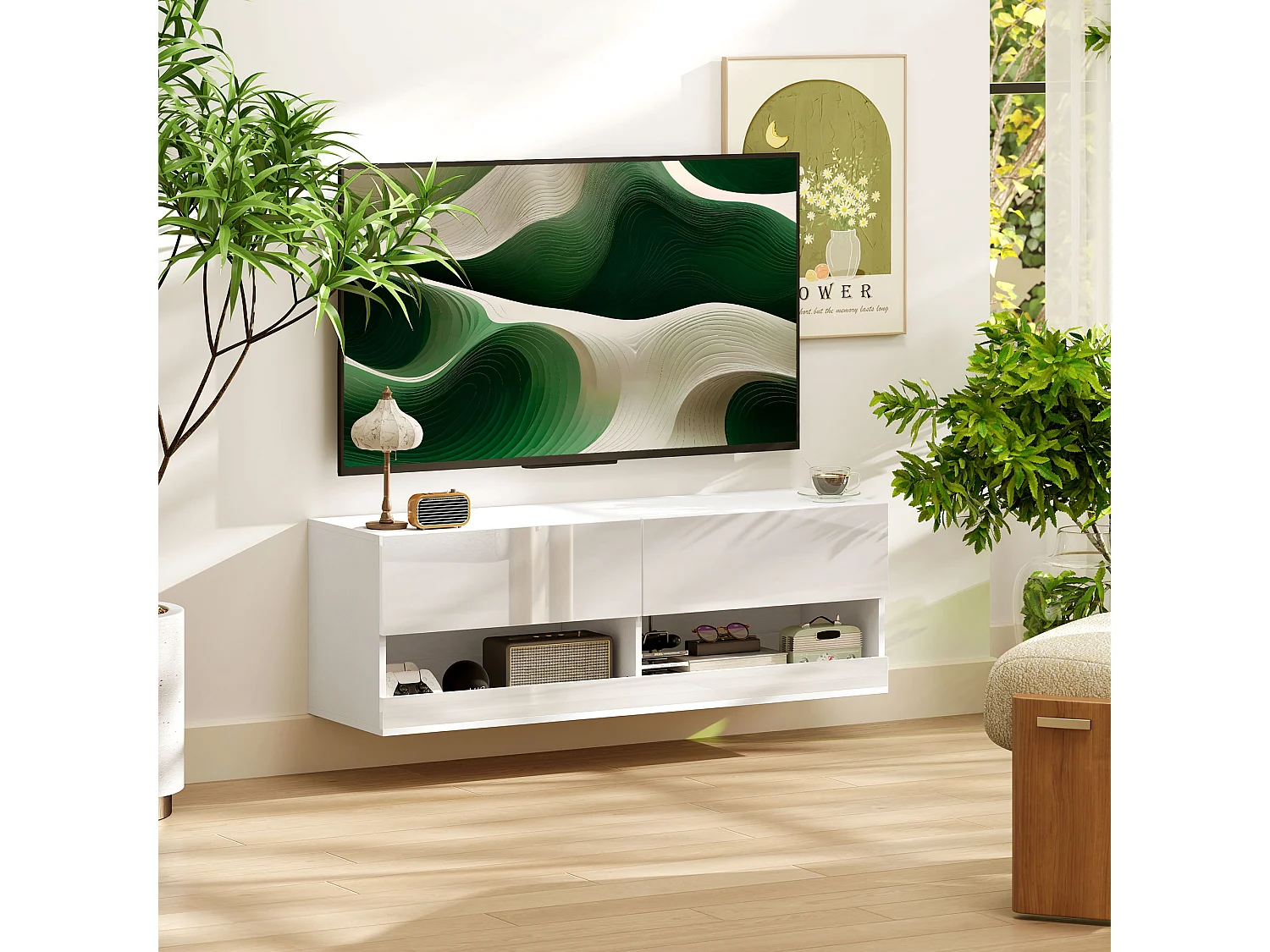 Meuble TV mural 120x35x40,5cm, éclairage LED, 16 modes, blanc brillant