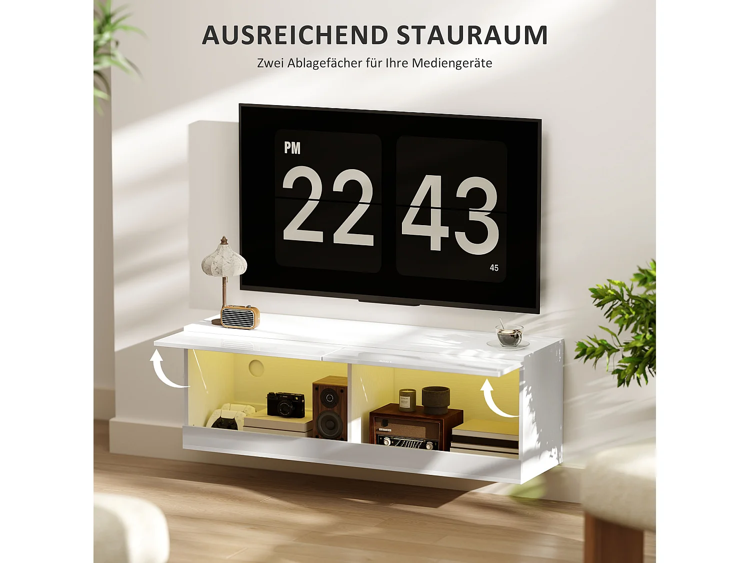 Meuble TV mural 120x35x40,5cm, éclairage LED, 16 modes, blanc brillant