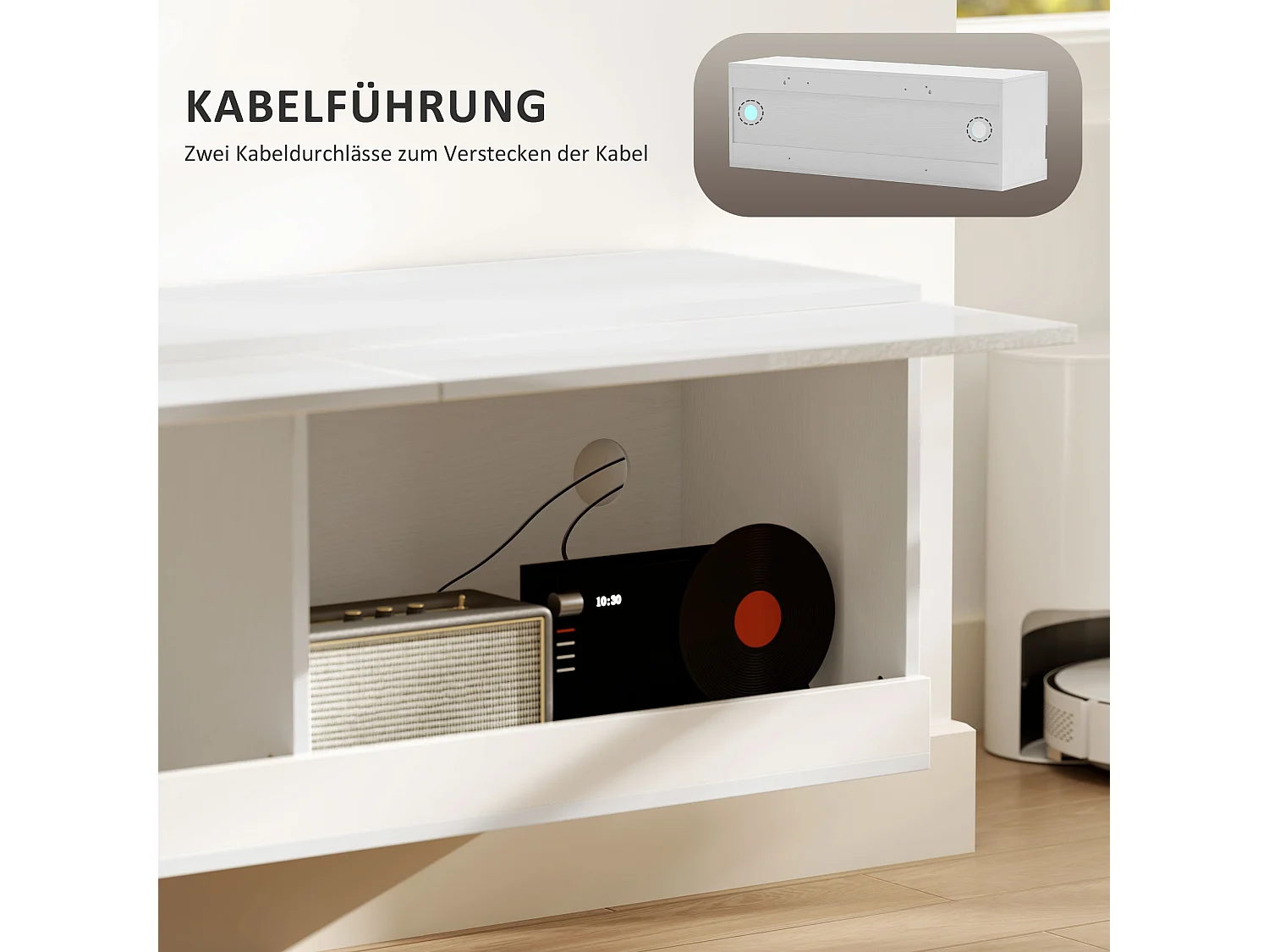 Meuble TV mural 120x35x40,5cm, éclairage LED, 16 modes, blanc brillant