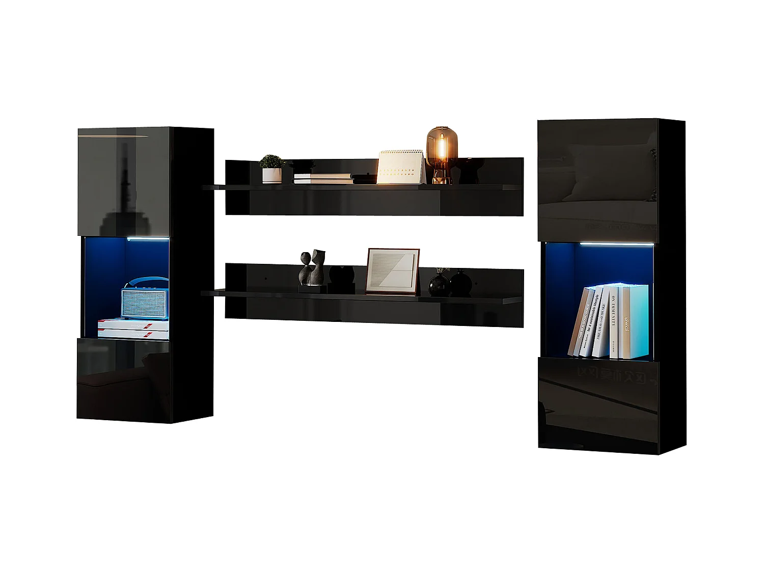 Ensemble d'étagères murales 4 pièces, armoire LED et 2 étagères, contrôlable par application, noir