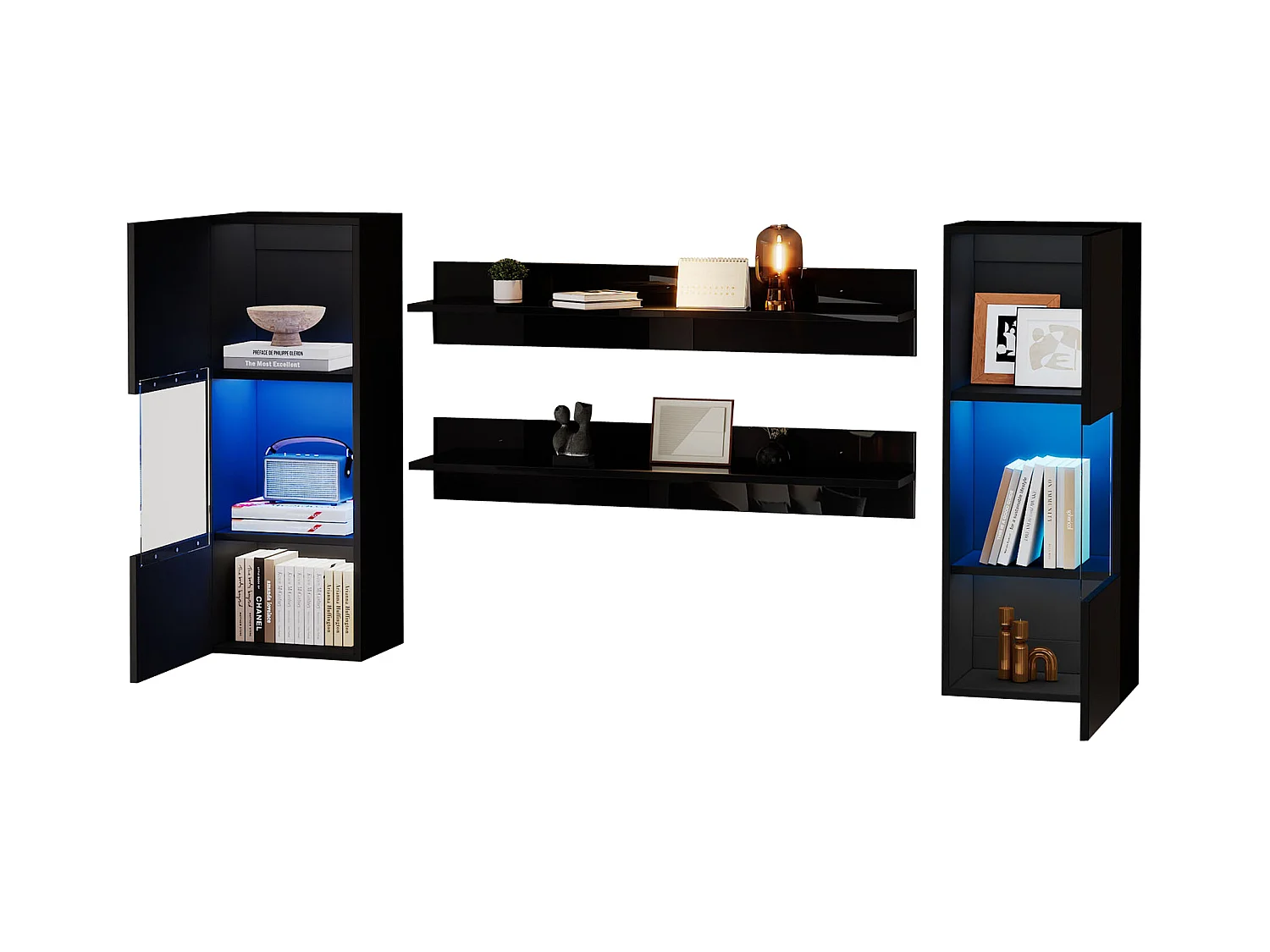 Ensemble d'étagères murales 4 pièces, armoire LED et 2 étagères, contrôlable par application, noir