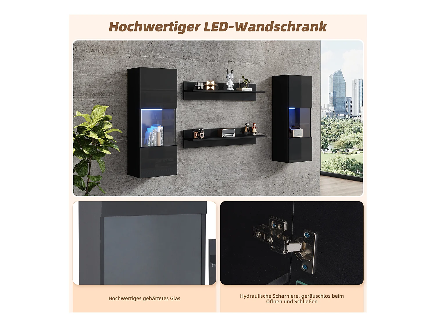 Ensemble d'étagères murales 4 pièces, armoire LED et 2 étagères, contrôlable par application, noir