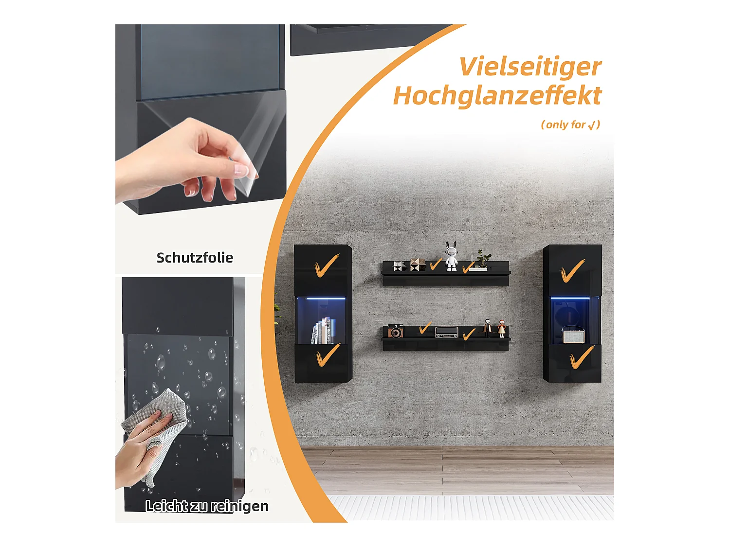 Ensemble d'étagères murales 4 pièces, armoire LED et 2 étagères, contrôlable par application, noir