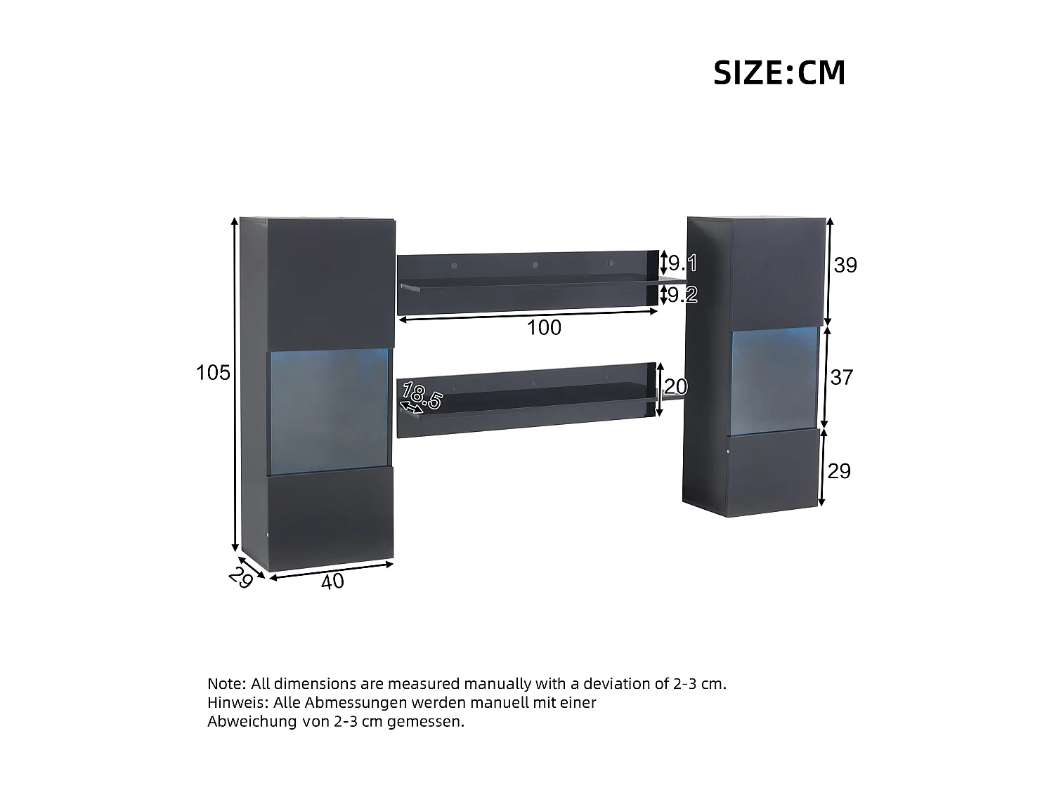 Ensemble d'étagères murales 4 pièces, armoire LED et 2 étagères, contrôlable par application, noir