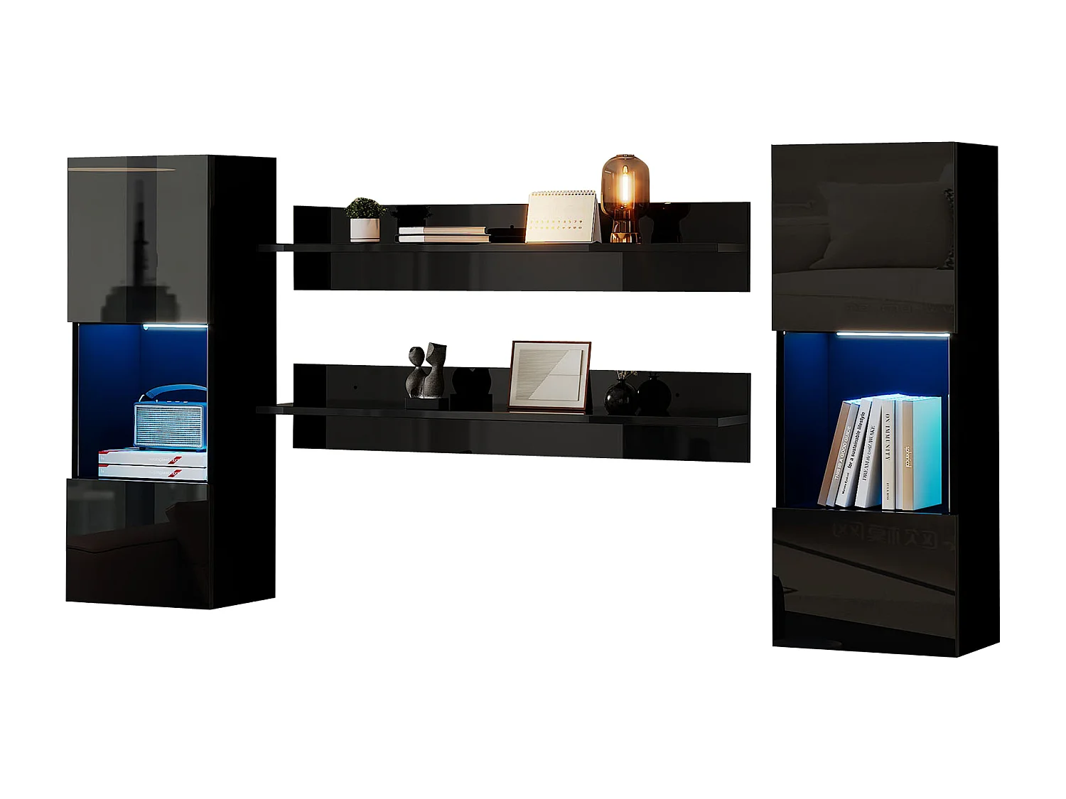 Ensemble d'étagères murales 4 pièces, armoire LED et 2 étagères, contrôlable par application, noir