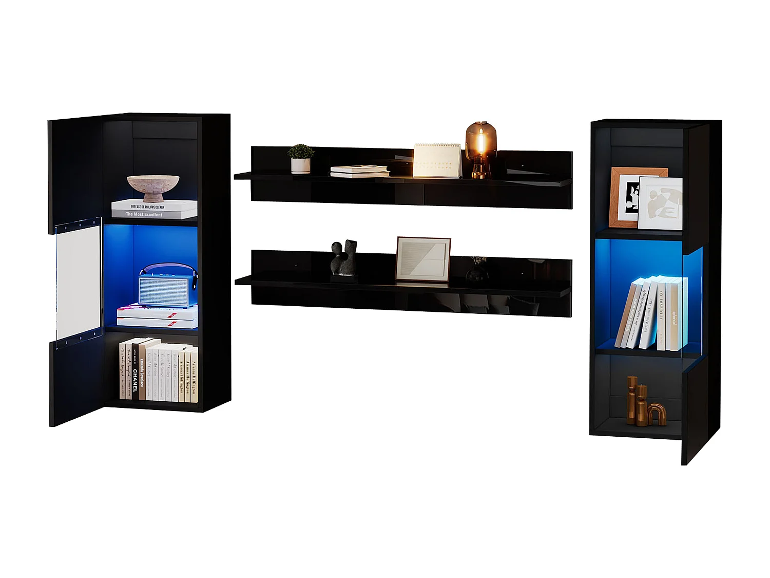 Ensemble d'étagères murales 4 pièces, armoire LED et 2 étagères, contrôlable par application, noir