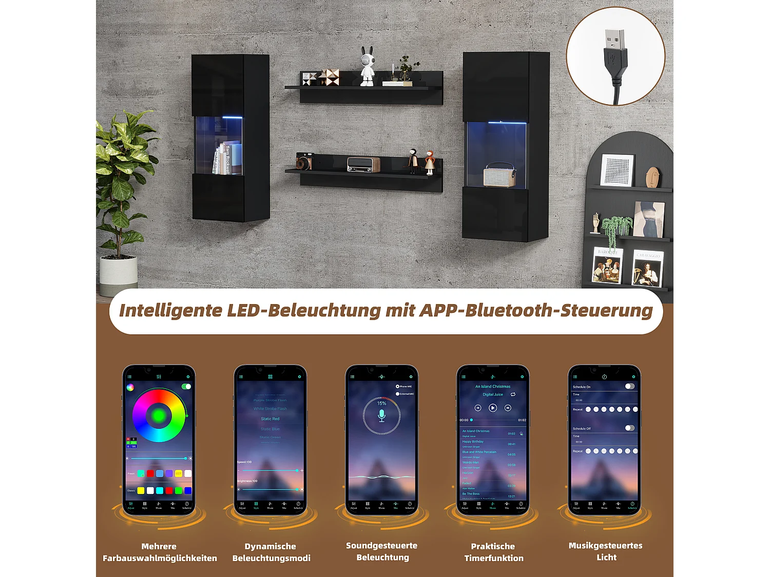 Ensemble d'étagères murales 4 pièces, armoire LED et 2 étagères, contrôlable par application, noir