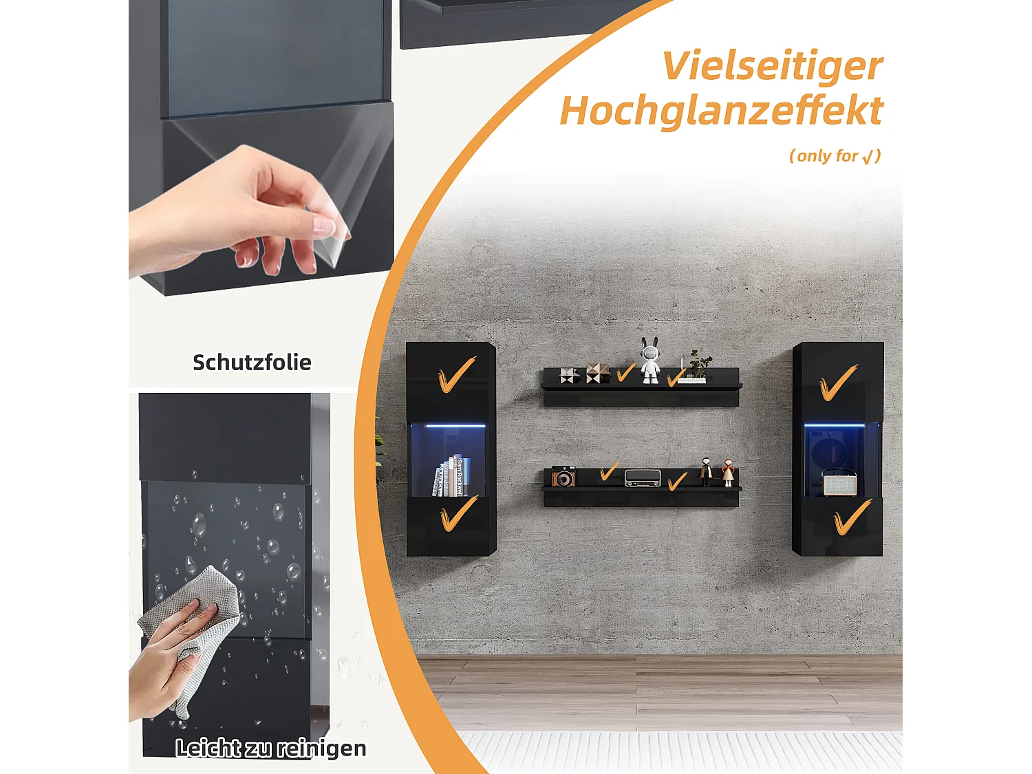 Ensemble d'étagères murales 4 pièces, armoire LED et 2 étagères, contrôlable par application, noir