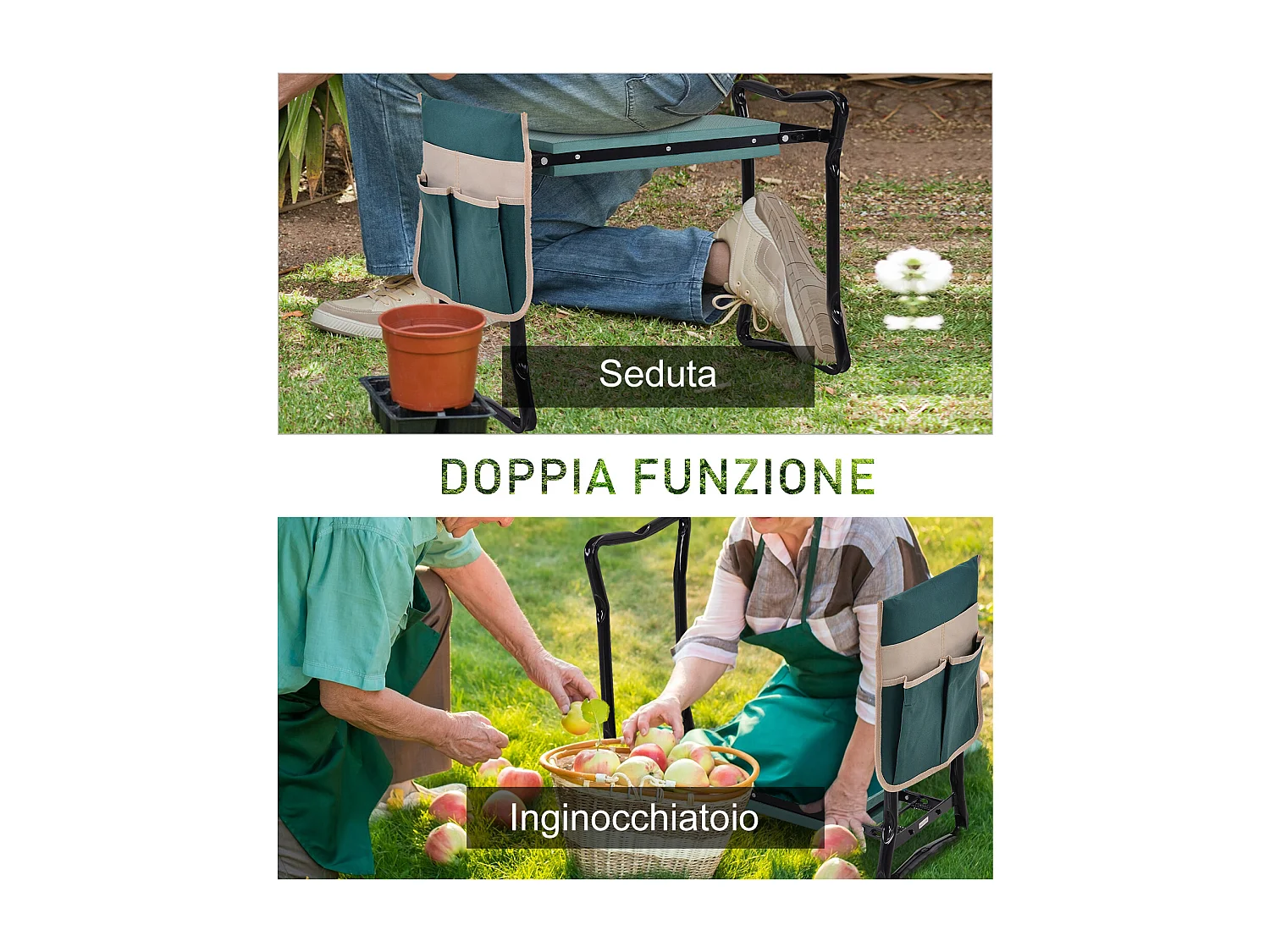 Inginocchiatoio panca da giardino pieghevole 2 in 1 verde e nero