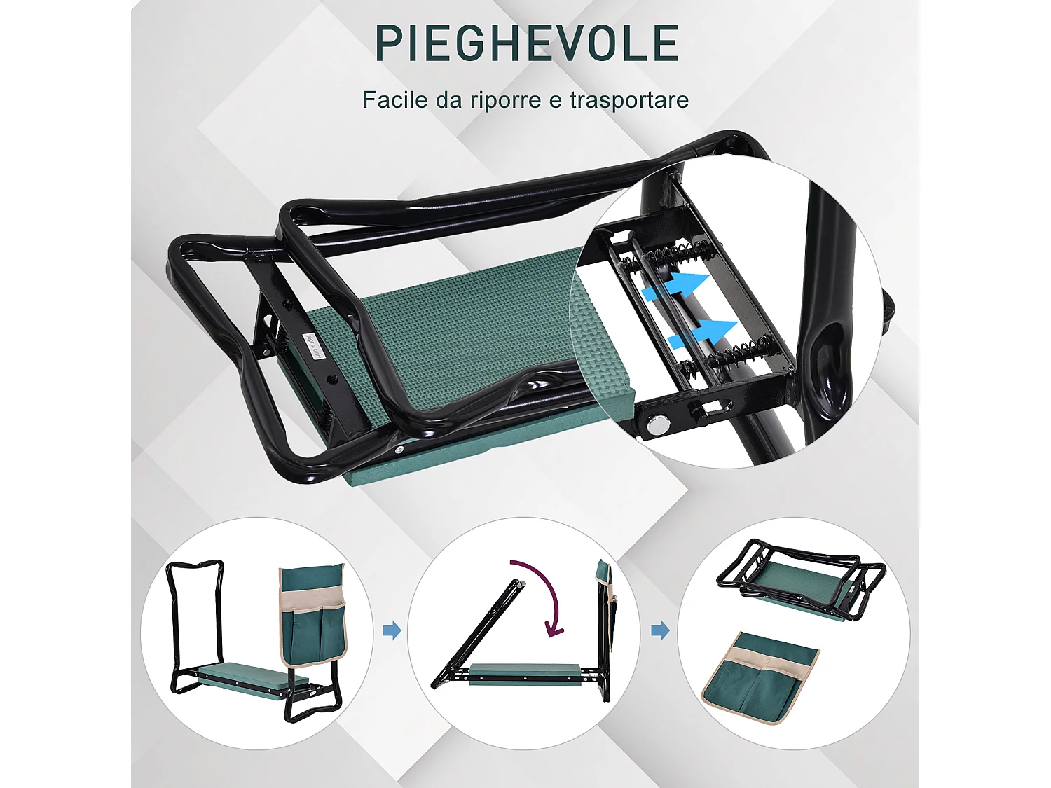 Inginocchiatoio panca da giardino pieghevole 2 in 1 verde e nero