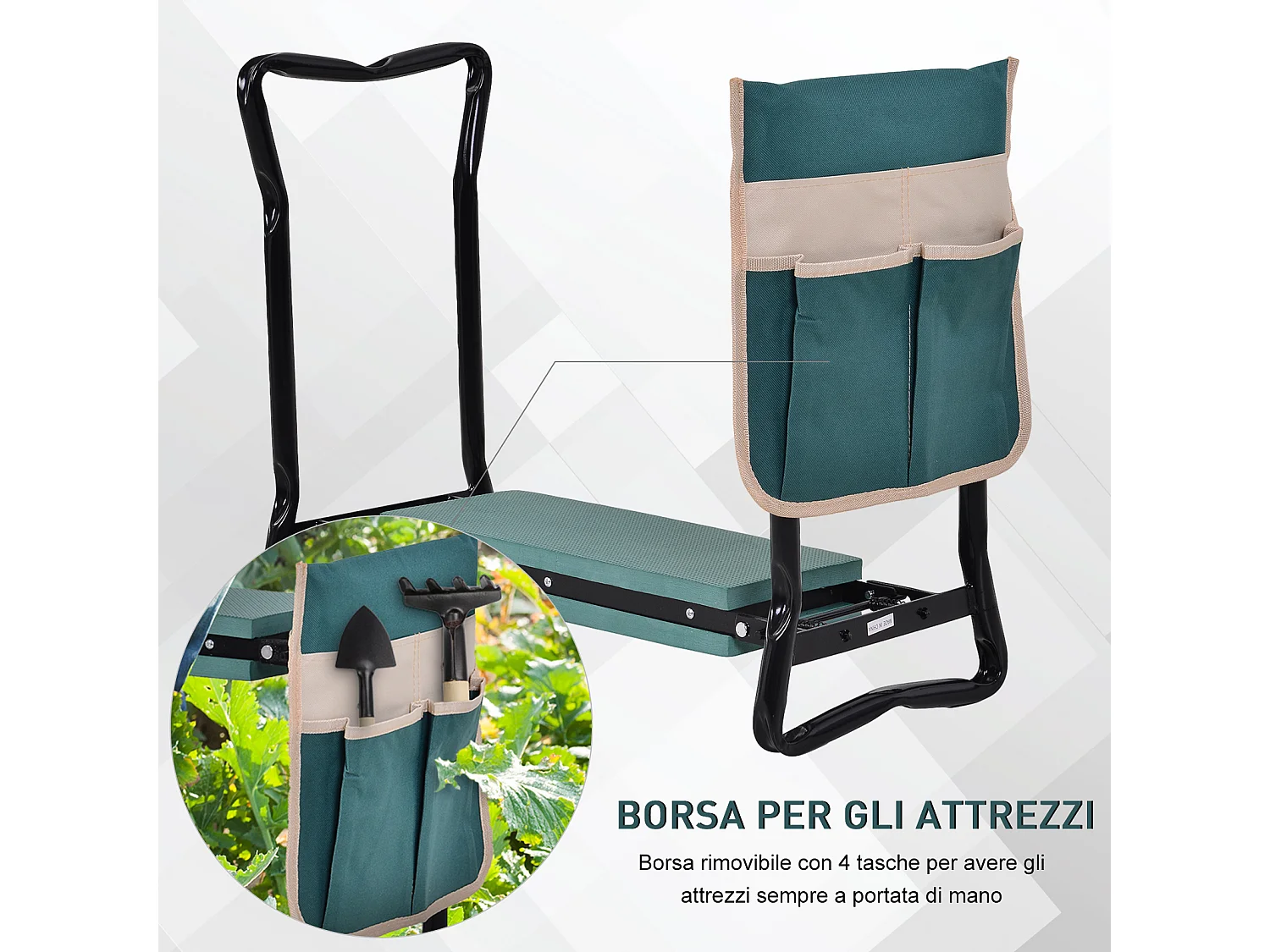 Inginocchiatoio panca da giardino pieghevole 2 in 1 verde e nero