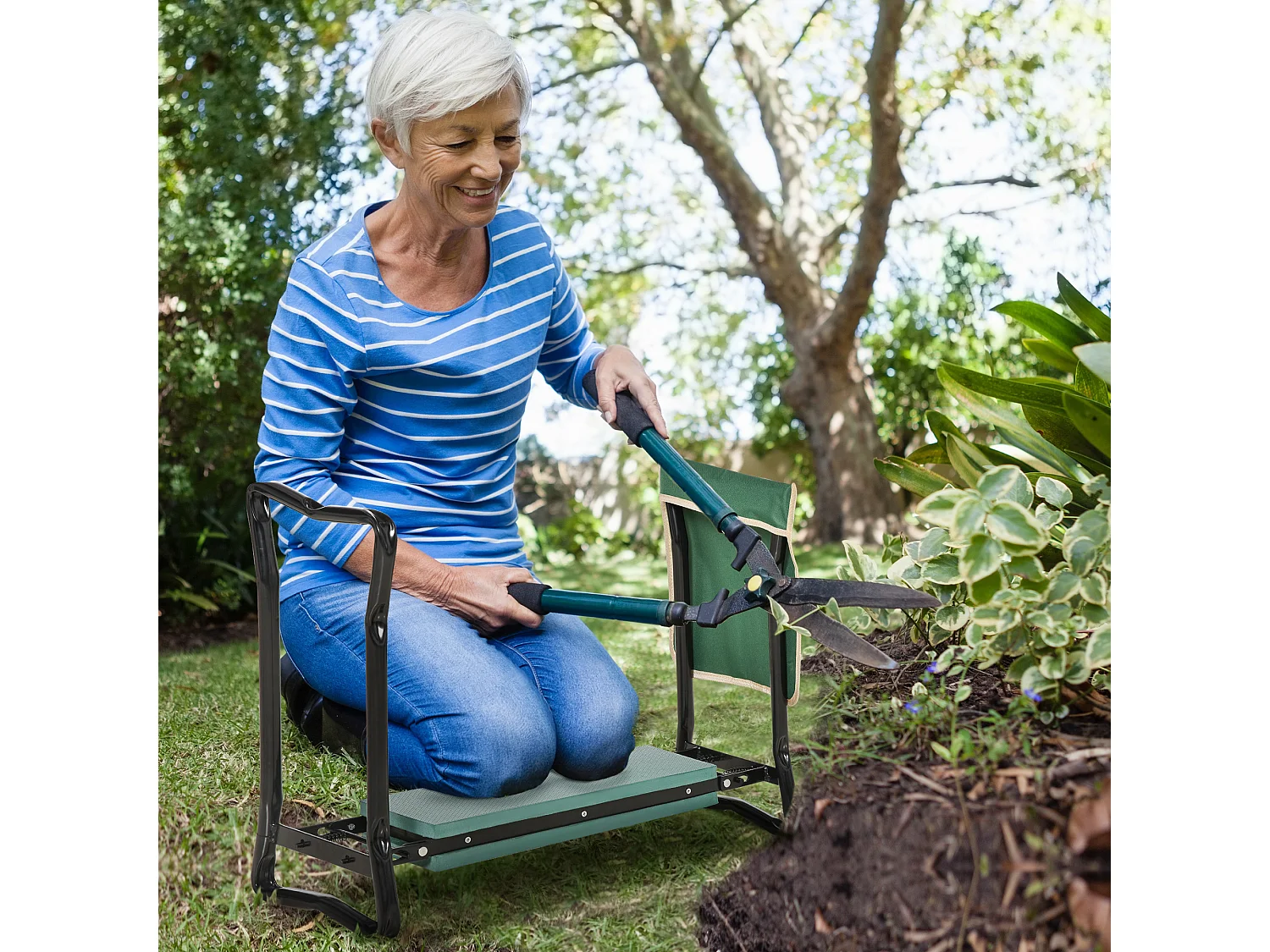 Inginocchiatoio panca da giardino pieghevole 2 in 1 verde e nero