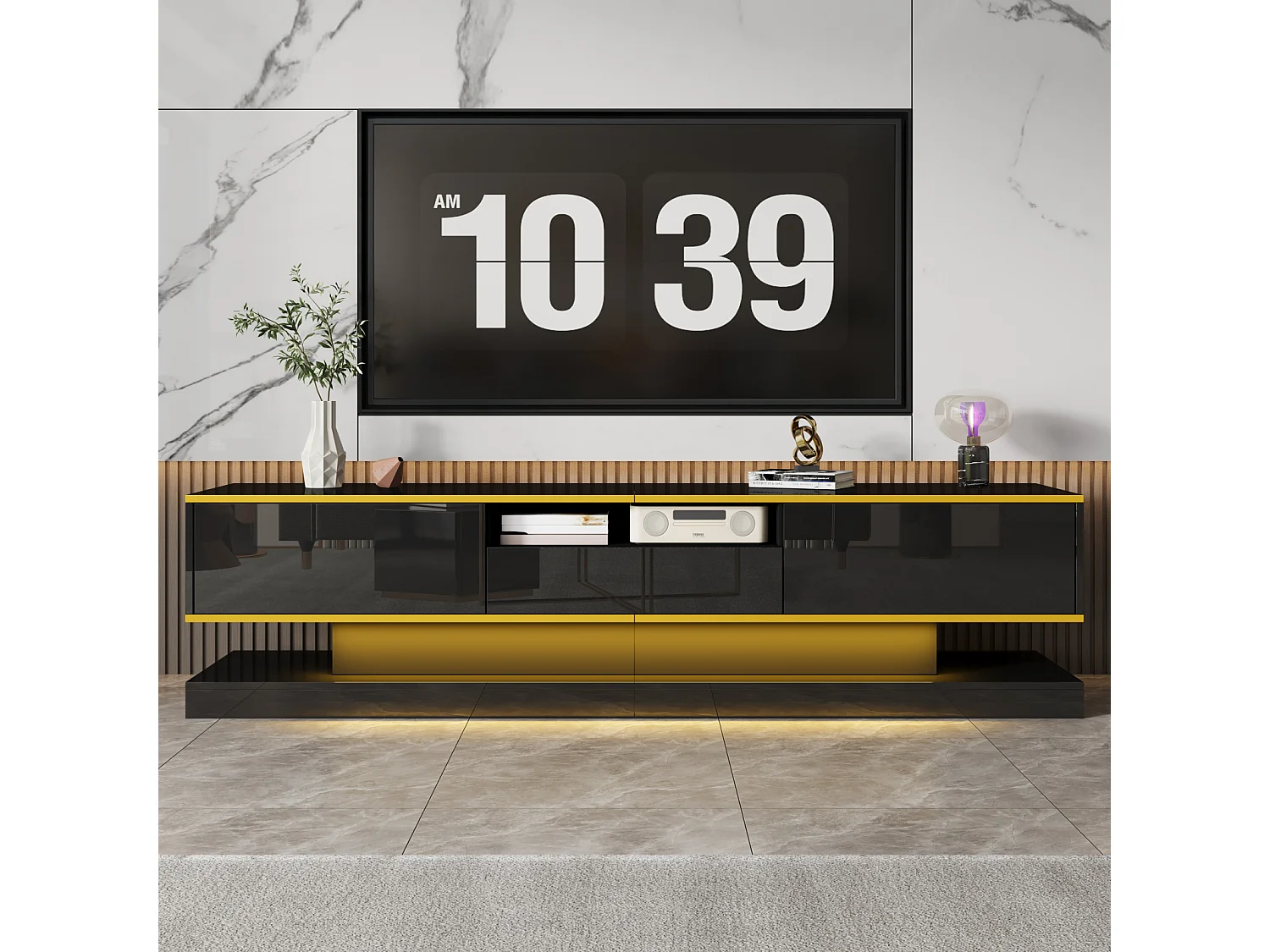 TV-Schrank 180x38x45cm, 3 Schubladen, offenes Fach, farbwechselnde LED, Hochglanz