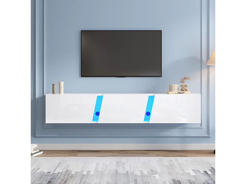 TV-kast 180x35x30cm, wandbevestigbaar, met LED, 3 deuren, geschikt voor tot 75 inch, wit