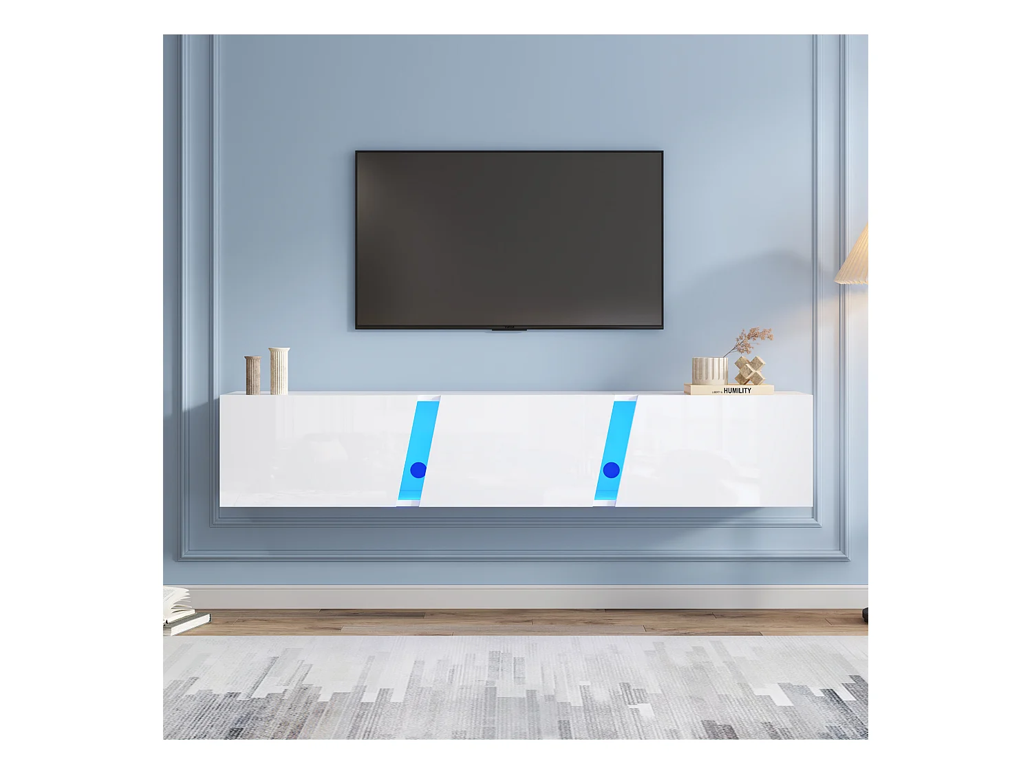 Meuble TV 180x35x30cm, montage mural, avec LED, 3 portes, jusqu'à 75 pouces, blanc