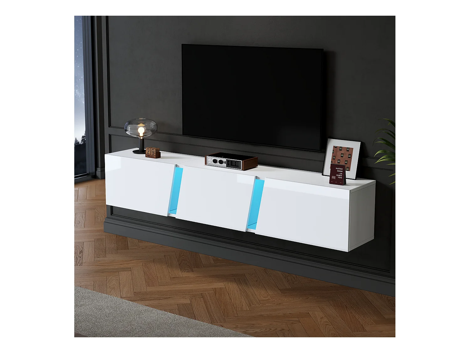 Meuble TV 180x35x30cm, montage mural, avec LED, 3 portes, jusqu'à 75 pouces, blanc