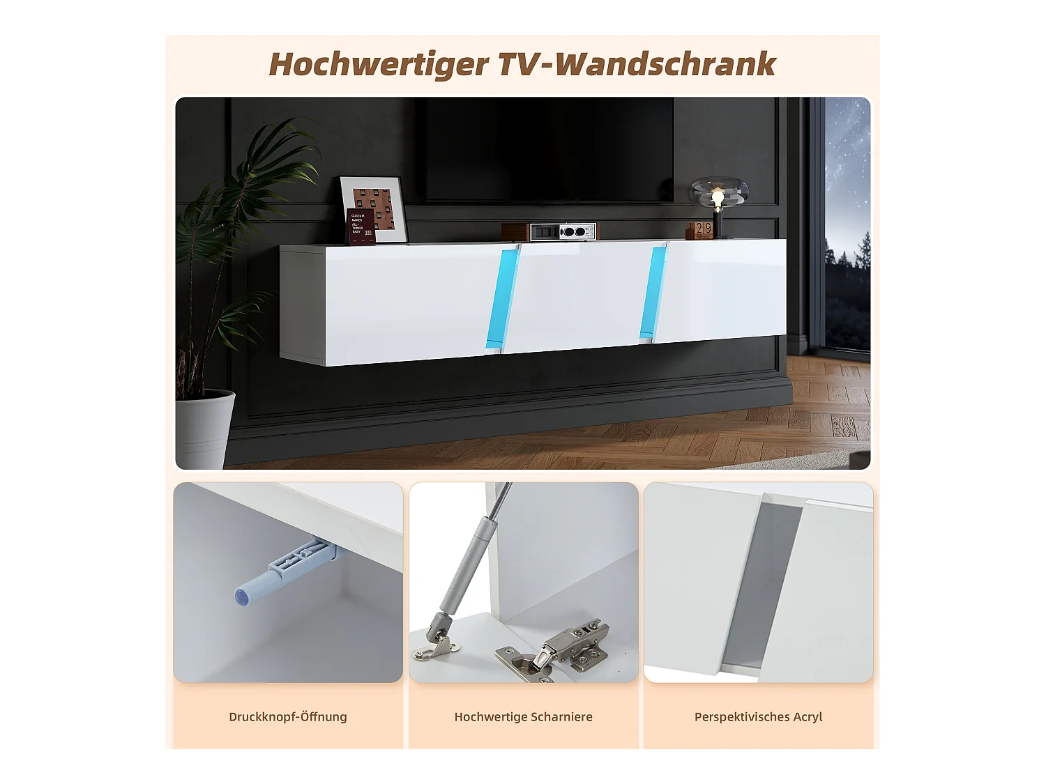 Meuble TV 180x35x30cm, montage mural, avec LED, 3 portes, jusqu'à 75 pouces, blanc