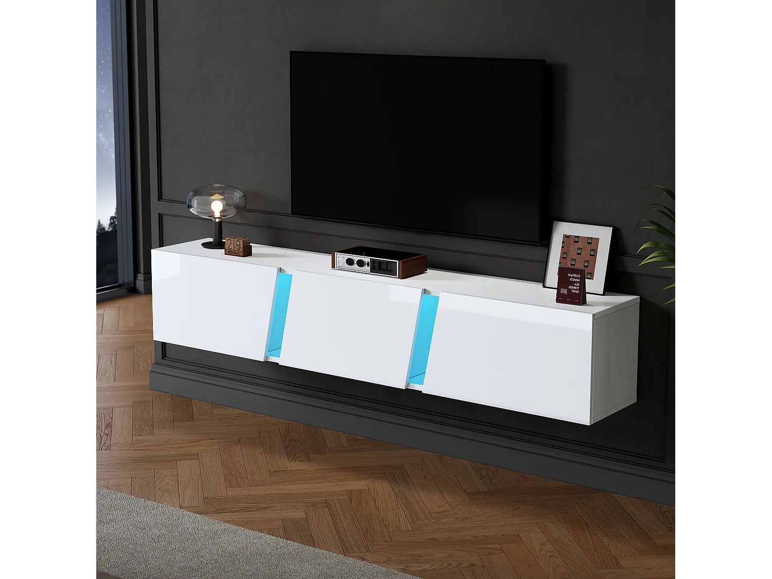 Armário de TV 180x35x30cm, montável na parede, com LED, 3 portas, para até 75 polegadas, branco