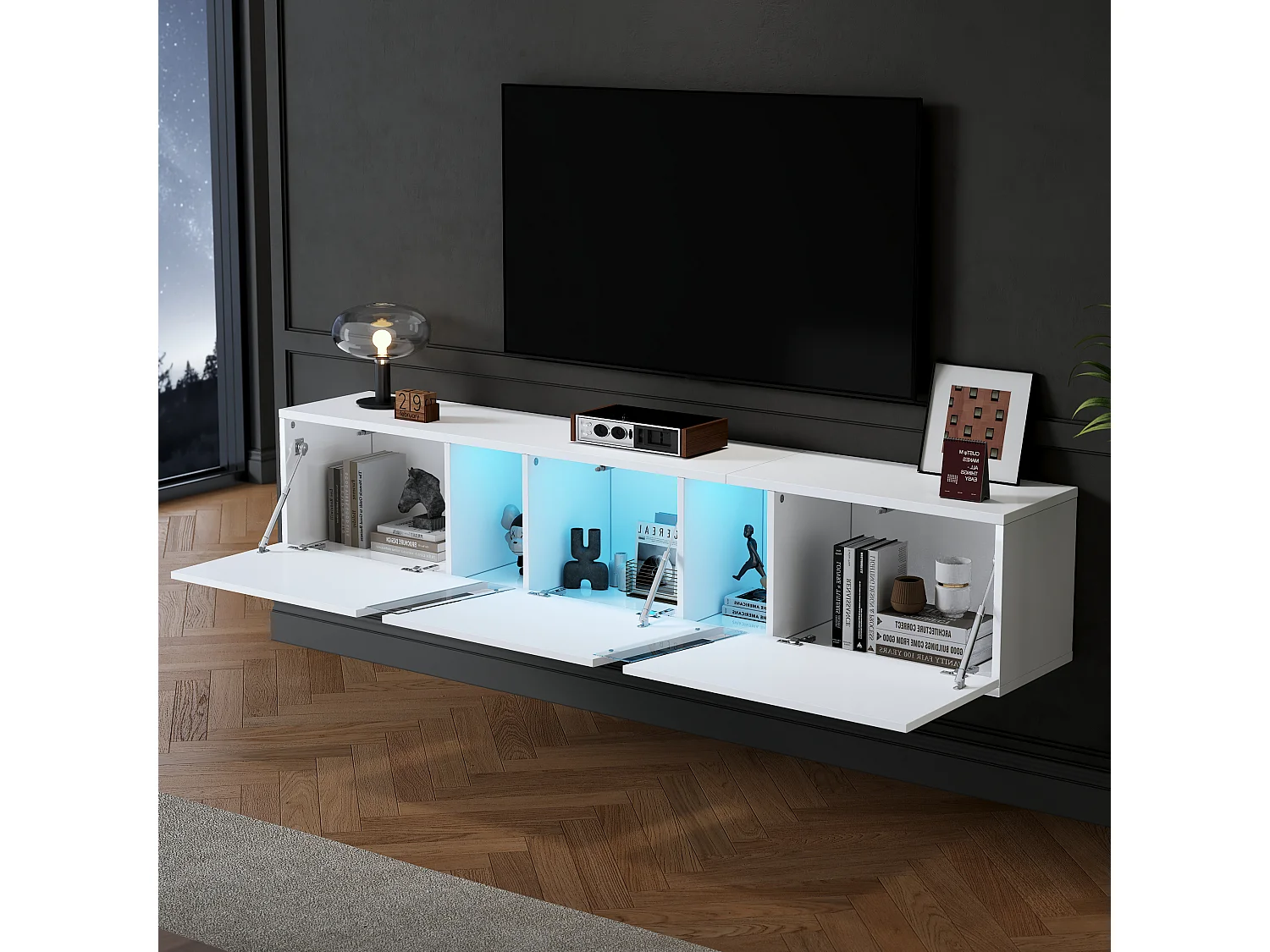 Armário de TV 180x35x30cm, montável na parede, com LED, 3 portas, para até 75 polegadas, branco