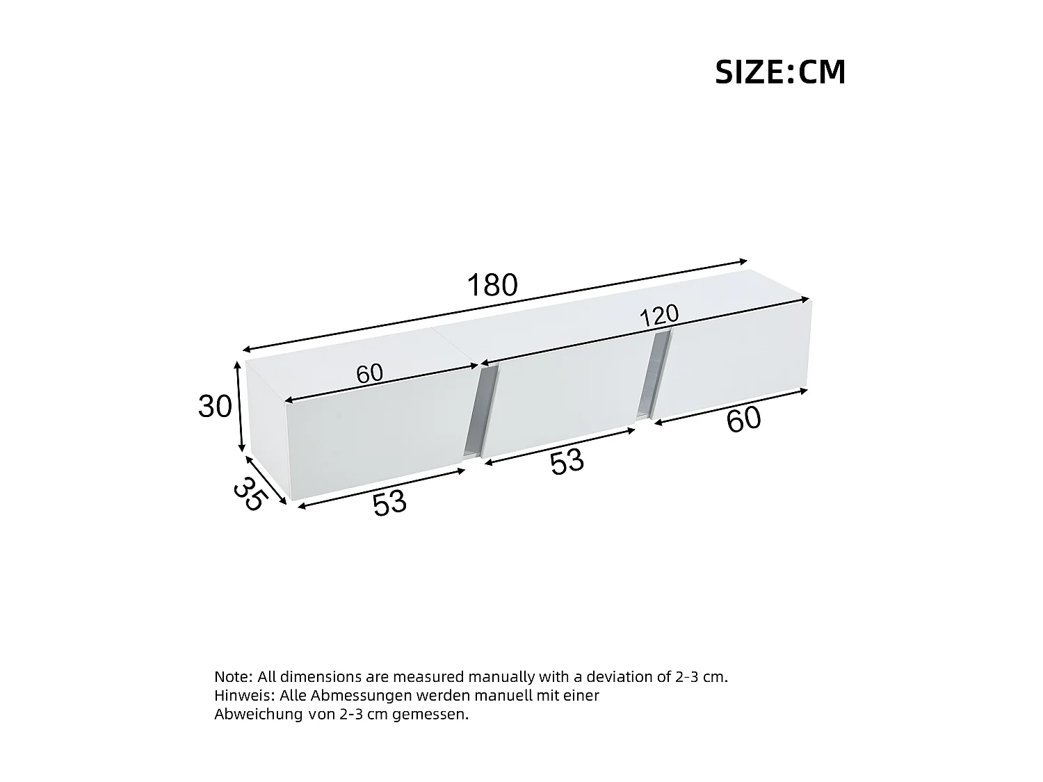 Armário de TV 180x35x30cm, montável na parede, com LED, 3 portas, para até 75 polegadas, branco