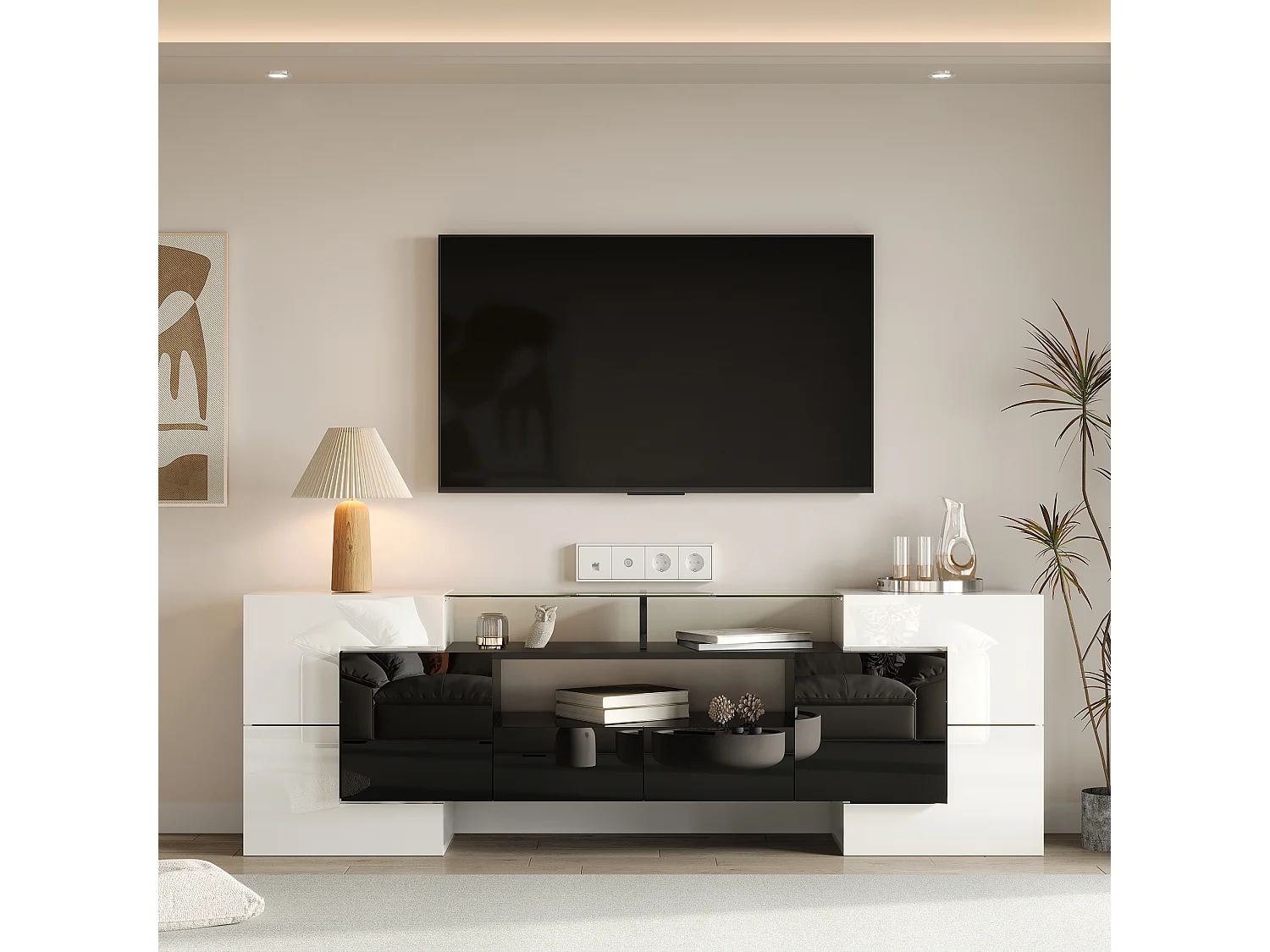 Armário de TV 200cm, Branco Brilhante e Preto, iluminação LED, superfície de vidro