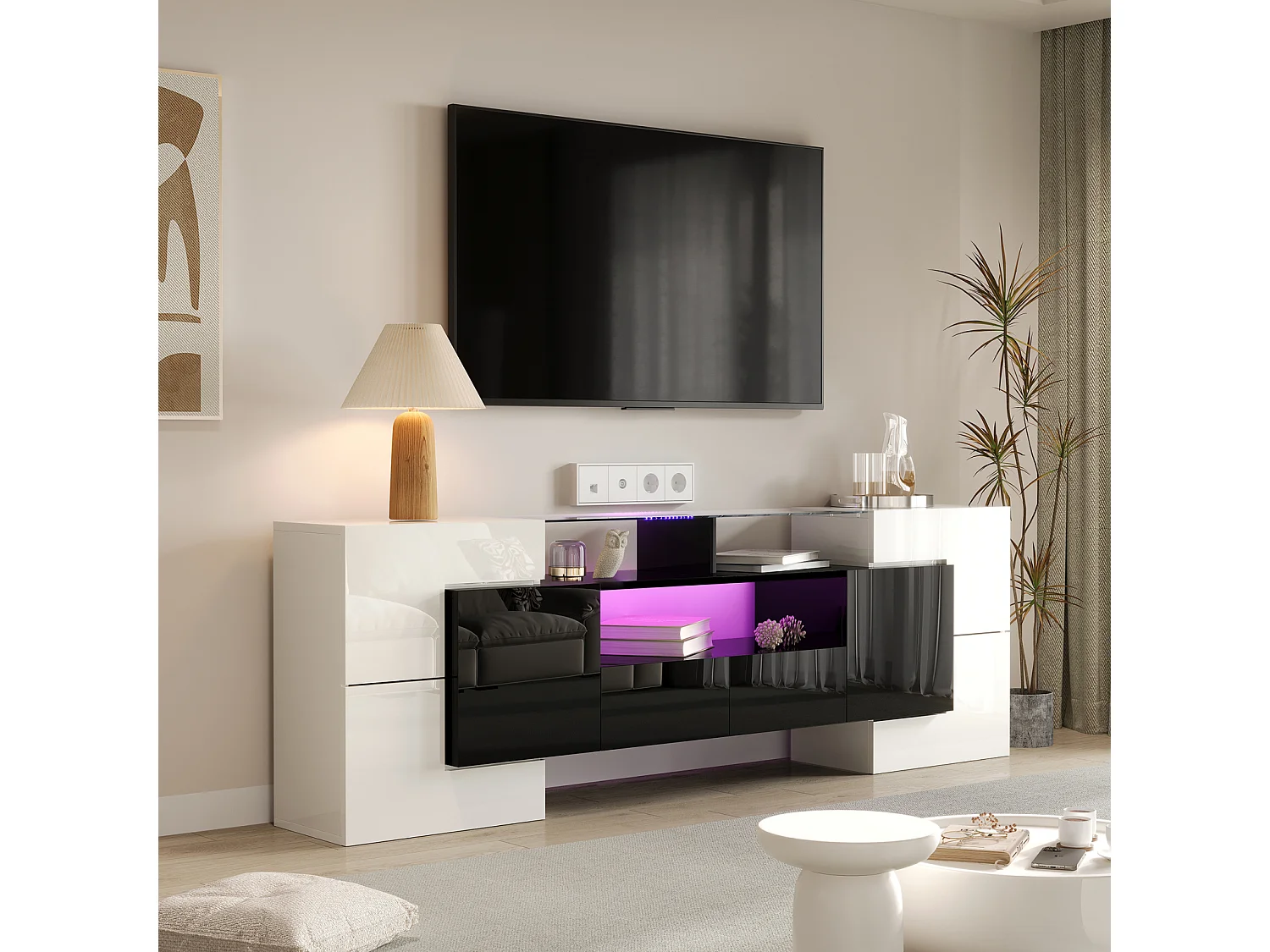 Armário de TV 200cm, Branco Brilhante e Preto, iluminação LED, superfície de vidro