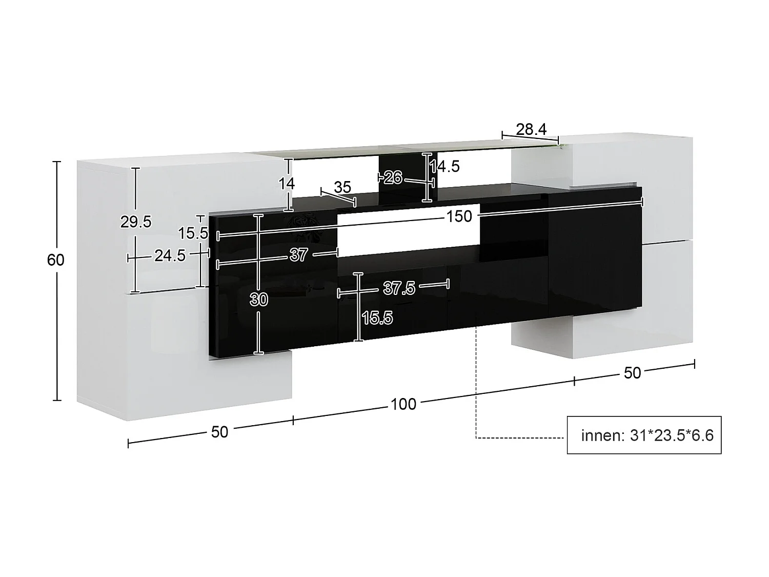 Armário de TV 200cm, Branco Brilhante e Preto, iluminação LED, superfície de vidro