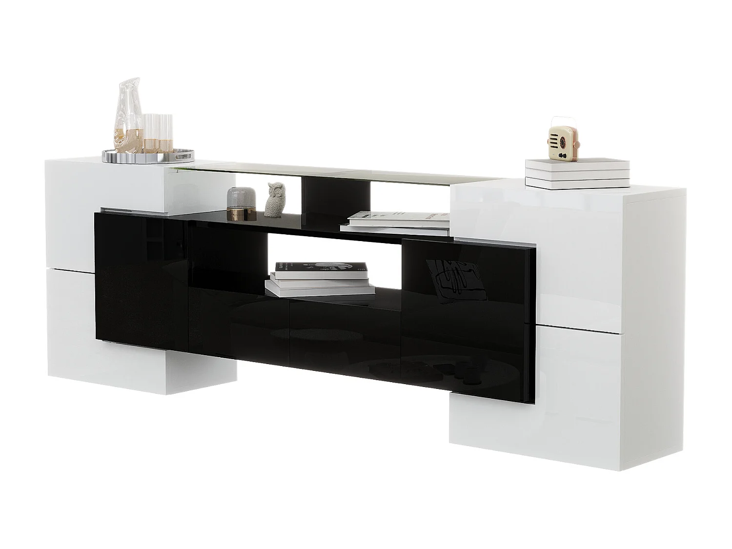 Armário de TV 200cm, Branco Brilhante e Preto, iluminação LED, superfície de vidro