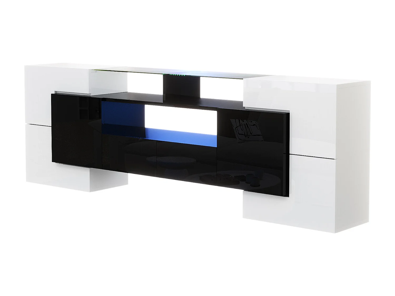 Armário de TV 200cm, Branco Brilhante e Preto, iluminação LED, superfície de vidro