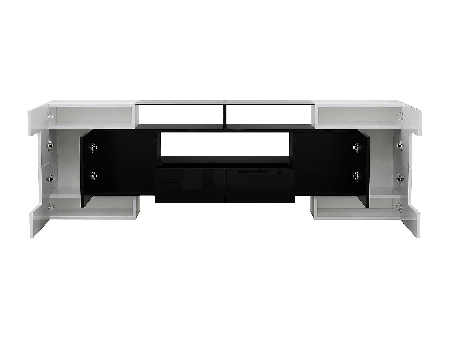 Armário de TV 200cm, Branco Brilhante e Preto, iluminação LED, superfície de vidro