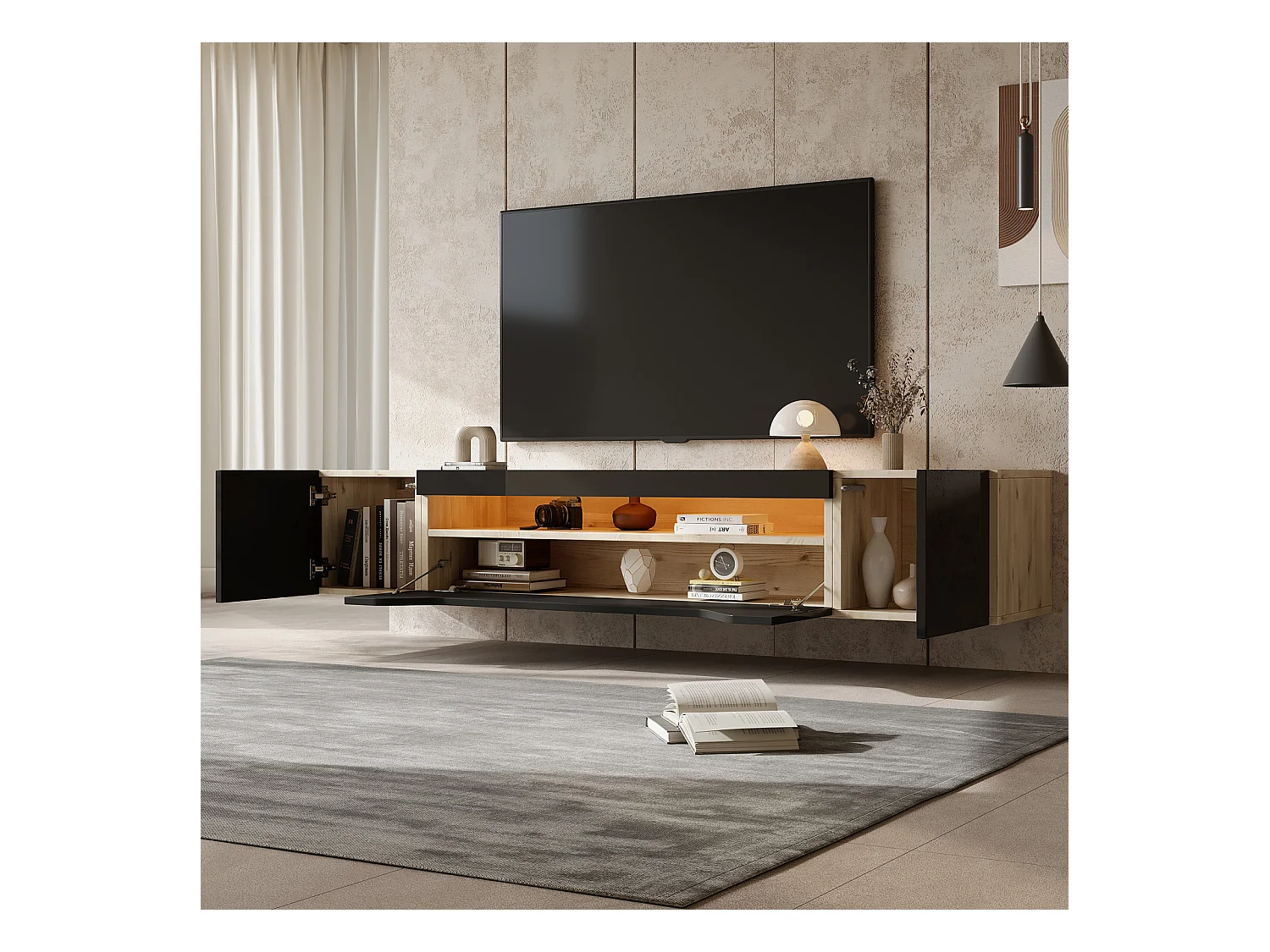 Meuble TV mural 180 x 37 x 36 cm avec LED, jusqu'à 75 pouces, noir et bois