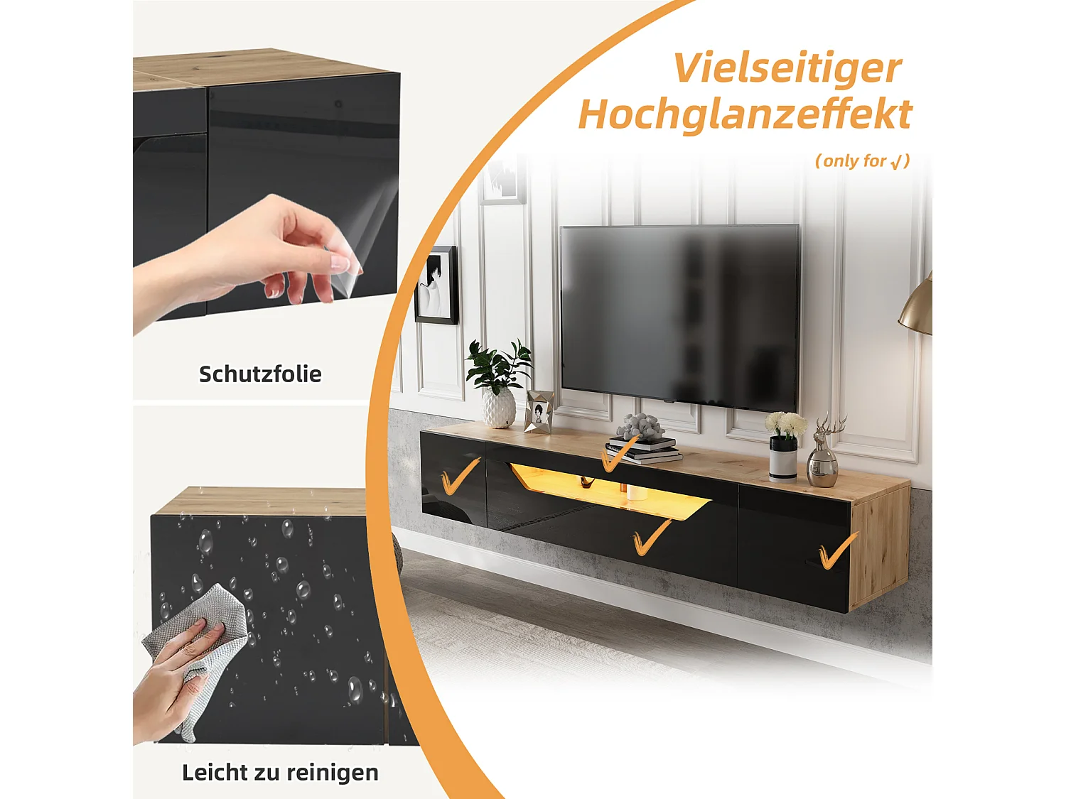 TV-kast 180x37x36cm, wandbevestigbaar, met LED, geschikt voor tot 75 inch, Zwart & Hout