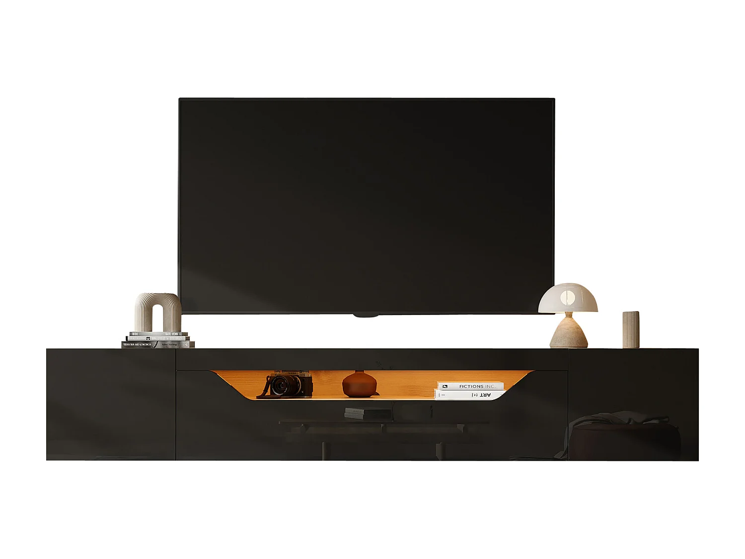 TV-kast 180x37x36cm, wandbevestigbaar, met LED, geschikt voor tot 75 inch, Zwart & Hout