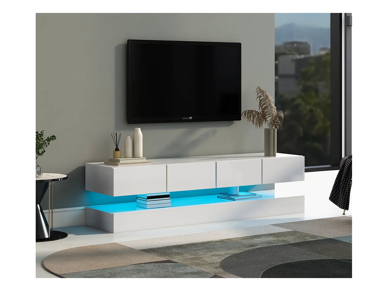 Meuble TV mural 130x33x15cm, 2 caissons et 4 tiroirs, LED 16 couleurs, jusqu'à 55 pouces