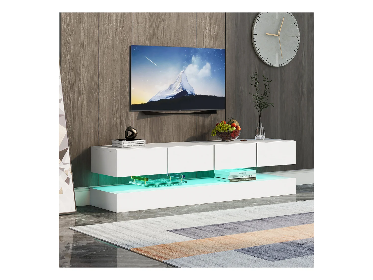 Meuble TV mural 130x33x15cm, 2 caissons et 4 tiroirs, LED 16 couleurs, jusqu'à 55 pouces