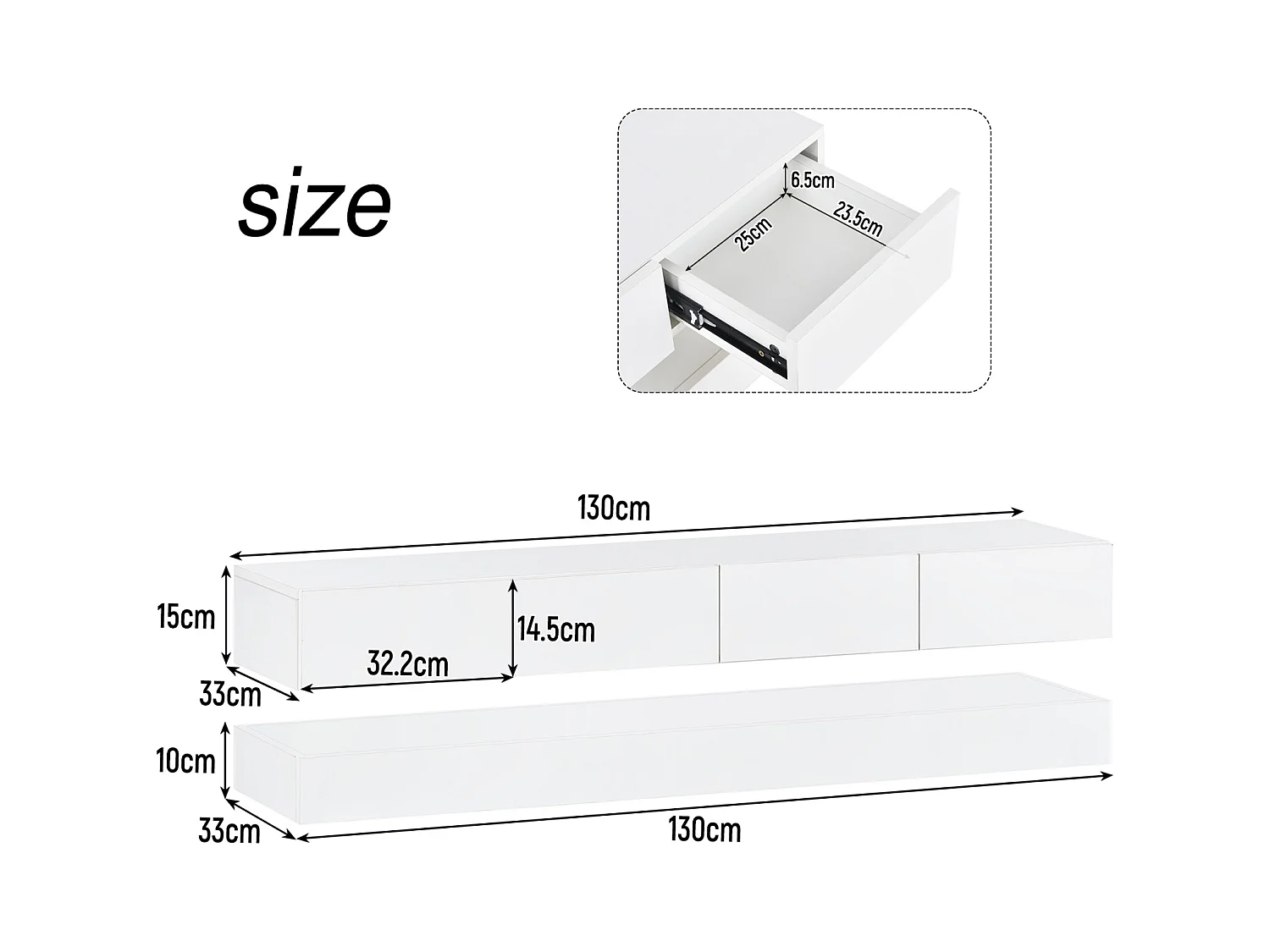 Meuble TV mural 130x33x15cm, 2 caissons et 4 tiroirs, LED 16 couleurs, jusqu'à 55 pouces